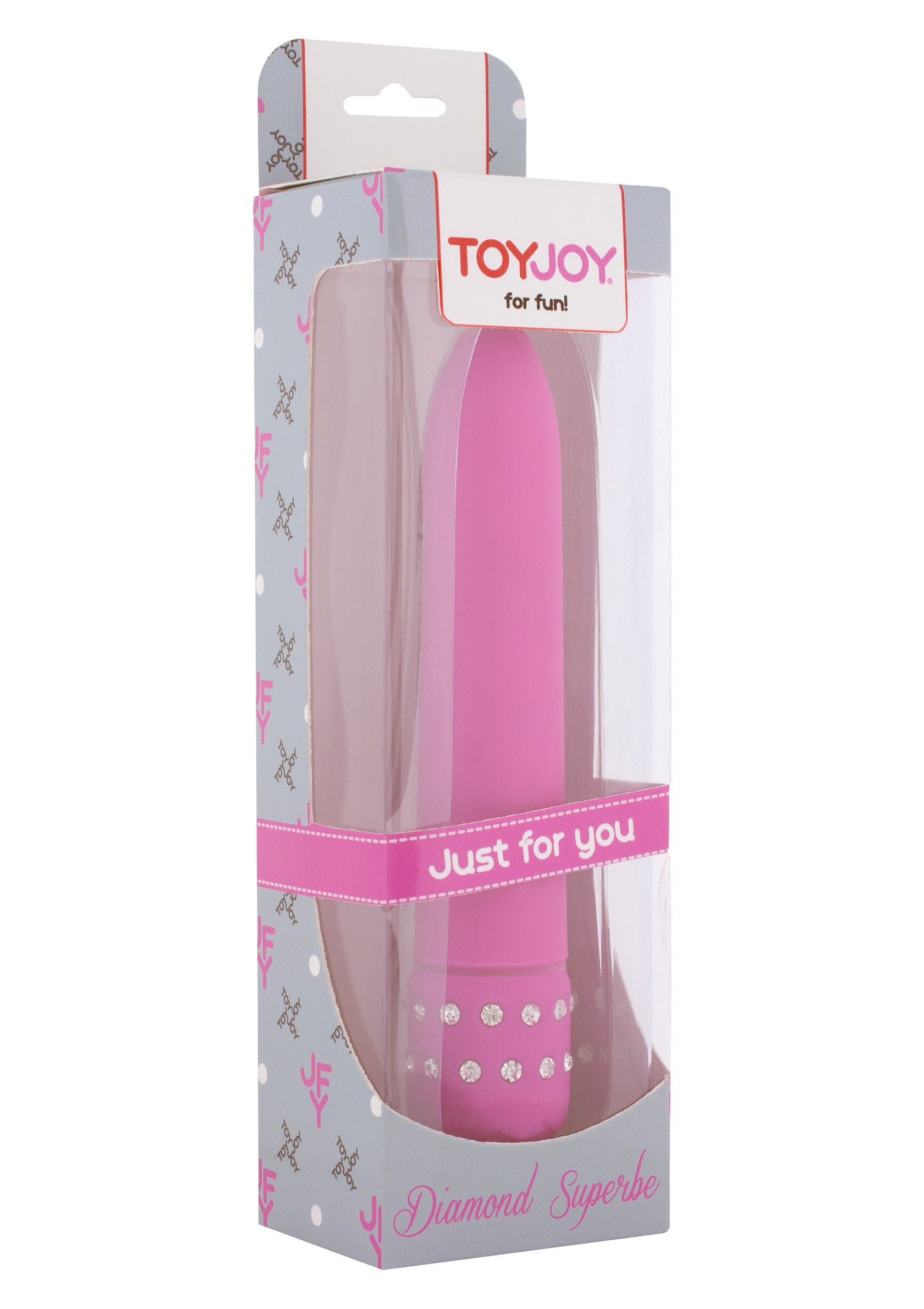 ToyJoy Diamond Superbe, vibromasseur rose pour le plaisir personnel, emballé avec un ruban "Just for you".; ToyJoy Diamond Superbe, roze vibrator voor persoonlijk genot, verpakt met een "Just for you" lint.; ToyJoy Diamond Superbe, pink vibrator for personal pleasure, packaged with a "Just for you" ribbon.
