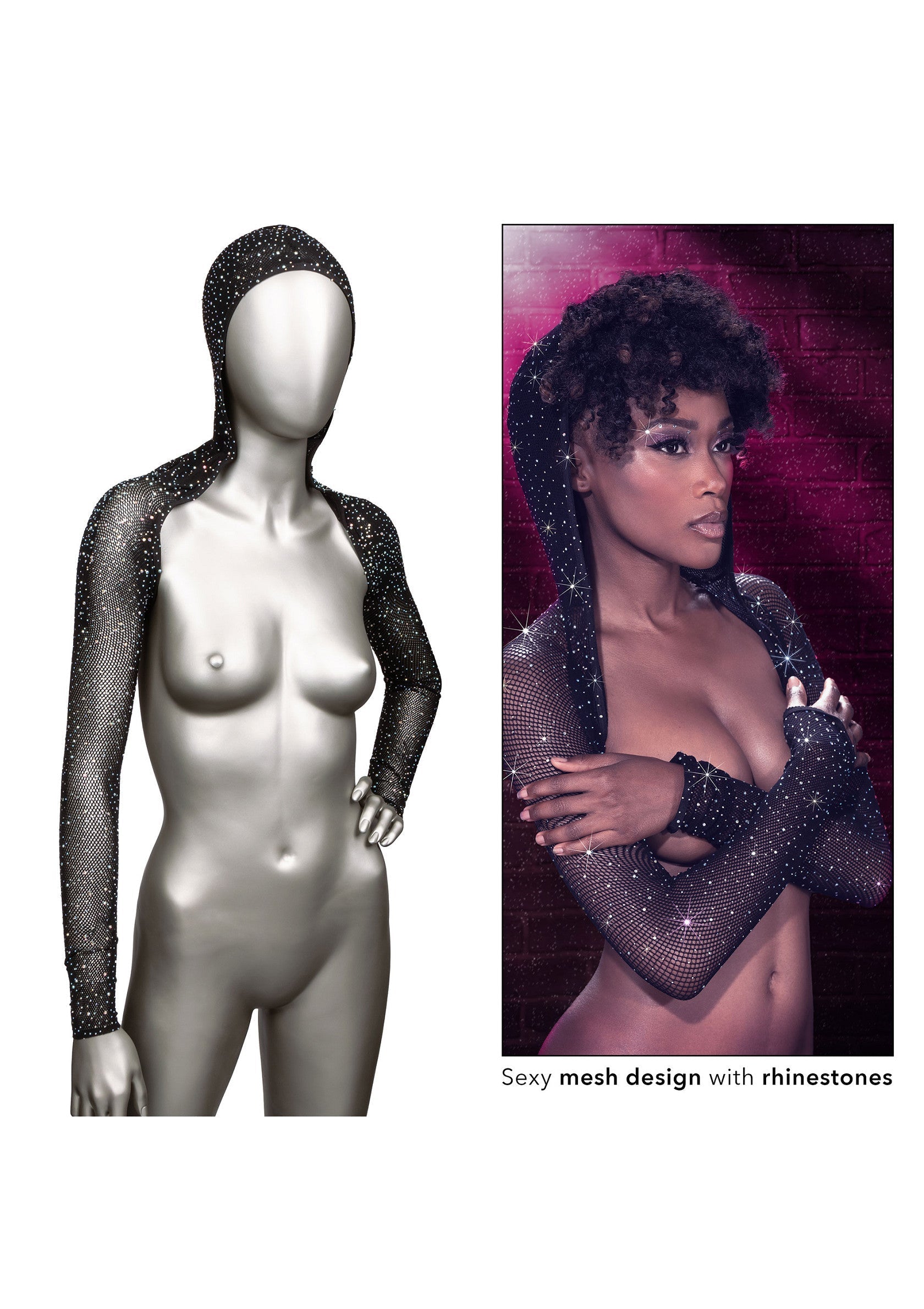 Cape à capuche en résille noire avec strass étincelants. Mode sexy et audacieuse.; Zwarte mesh cape met capuchon en sprankelende strass steentjes. Sexy en gewaagde mode.; Black mesh hooded cape with sparkling rhinestones. Sexy and daring fashion.