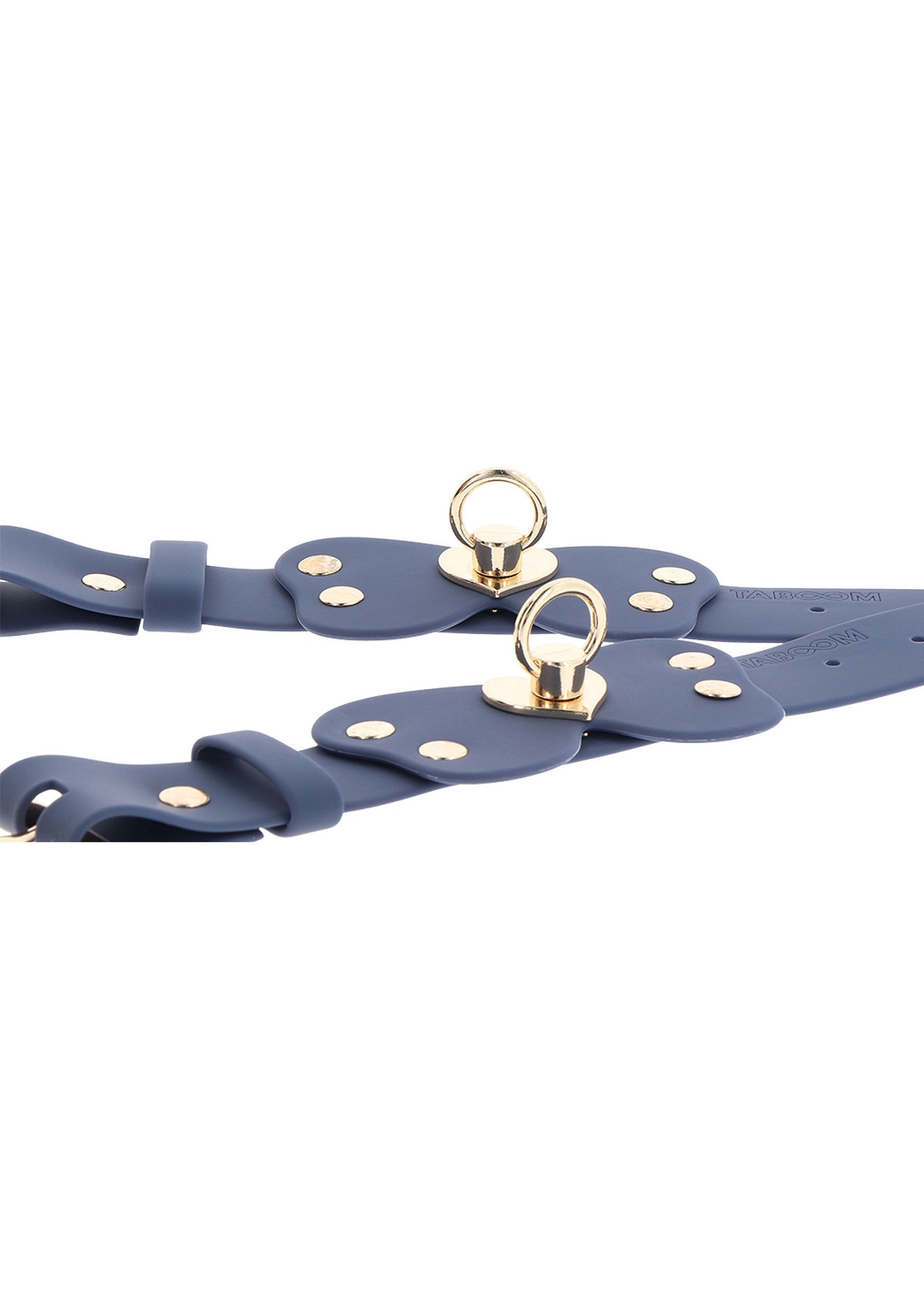 Bretelles en cuir bleu avec anneaux dorés. Accessoire élégant et adaptable pour sacs et pochettes.; Blauwe leren tasriem met gouden ringen. Stijlvol en verstelbaar accessoire voor tassen en clutches.; Blue leather bag strap with gold rings. Stylish and adjustable accessory for bags and clutches.