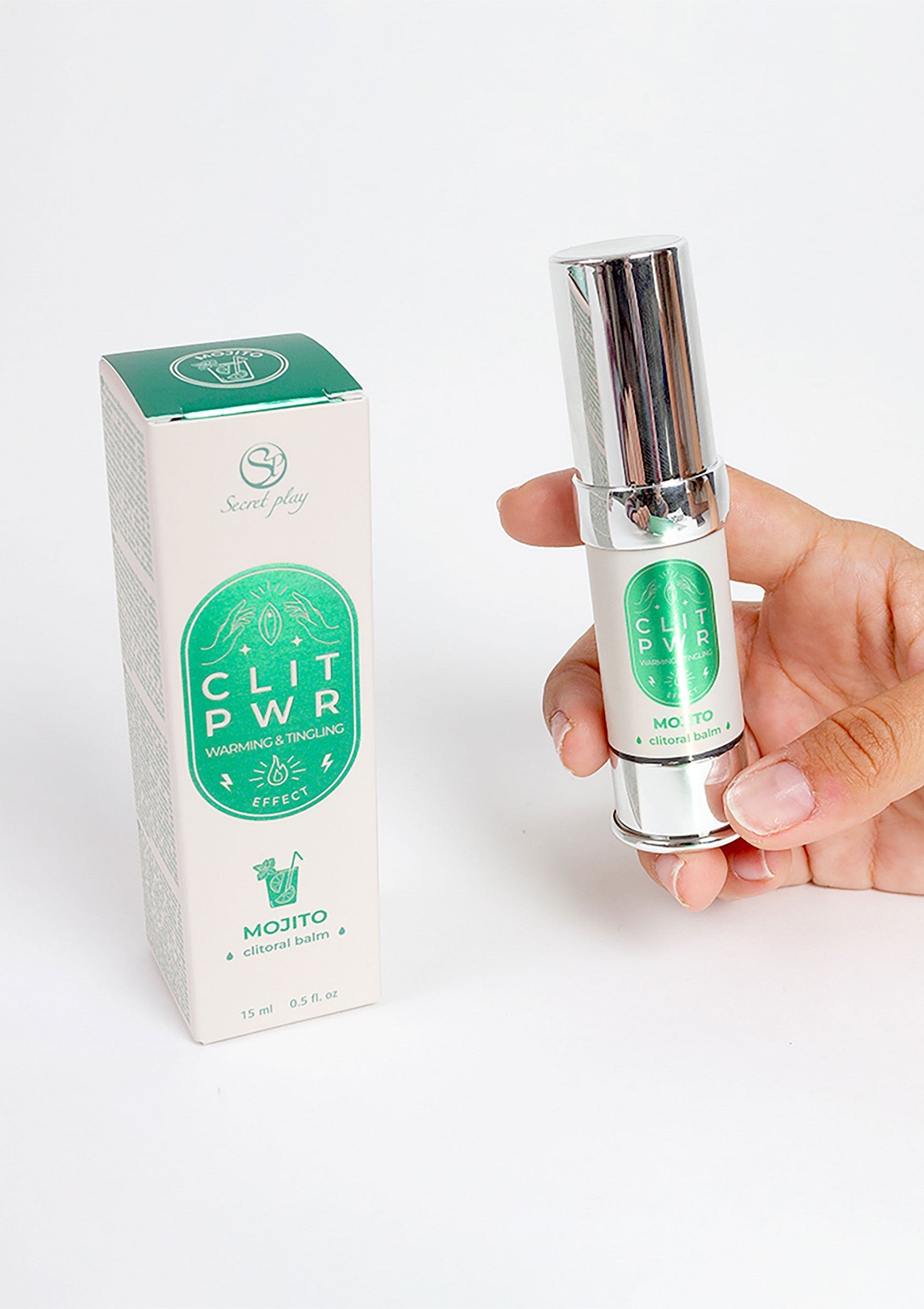 Baume stimulant CLIT PWR Mojito pour une sensation de chaleur et de picotement. Plaisir intense garanti !; CLIT PWR Mojito stimulerende balsem voor een warm en tintelend gevoel. Gegarandeerd intens plezier!; CLIT PWR Mojito stimulating balm for a warming and tingling sensation. Guaranteed intense pleasure!