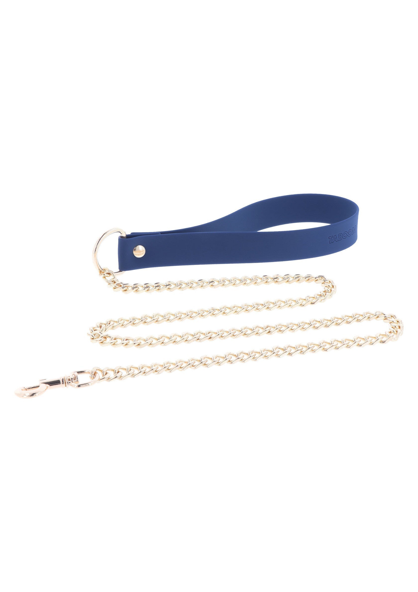Laisse pour chien bleu marine et chaîne dorée, élégante et résistante pour toutes vos promenades.; Marineblauwe hondenriem met gouden ketting, elegant en resistent voor al uw wandelingen.; Navy blue dog leash with gold chain, elegant and resistant for all your walks.