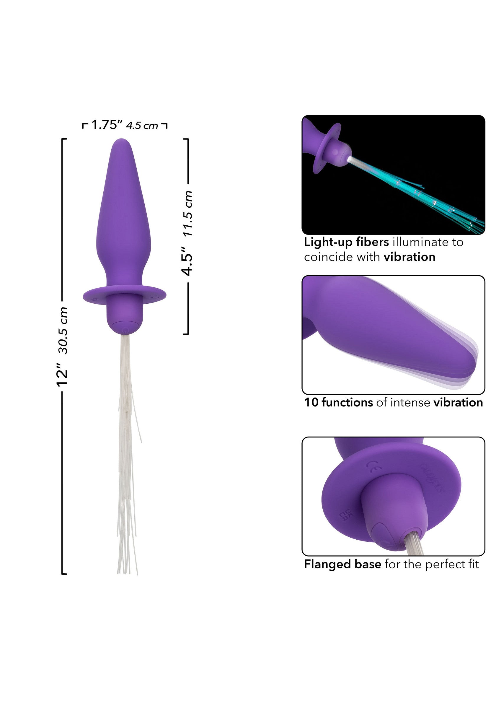 Plug anal violet vibrant avec fibres lumineuses, 10 fonctions de vibration pour un plaisir intense et sûr.; Vibrerende paarse anale plug met lichtgevende vezels, 10 vibratiefuncties voor intens en veilig plezier.; Vibrating purple anal plug with light-up fibers, 10 vibration functions for intense and safe pleasure.