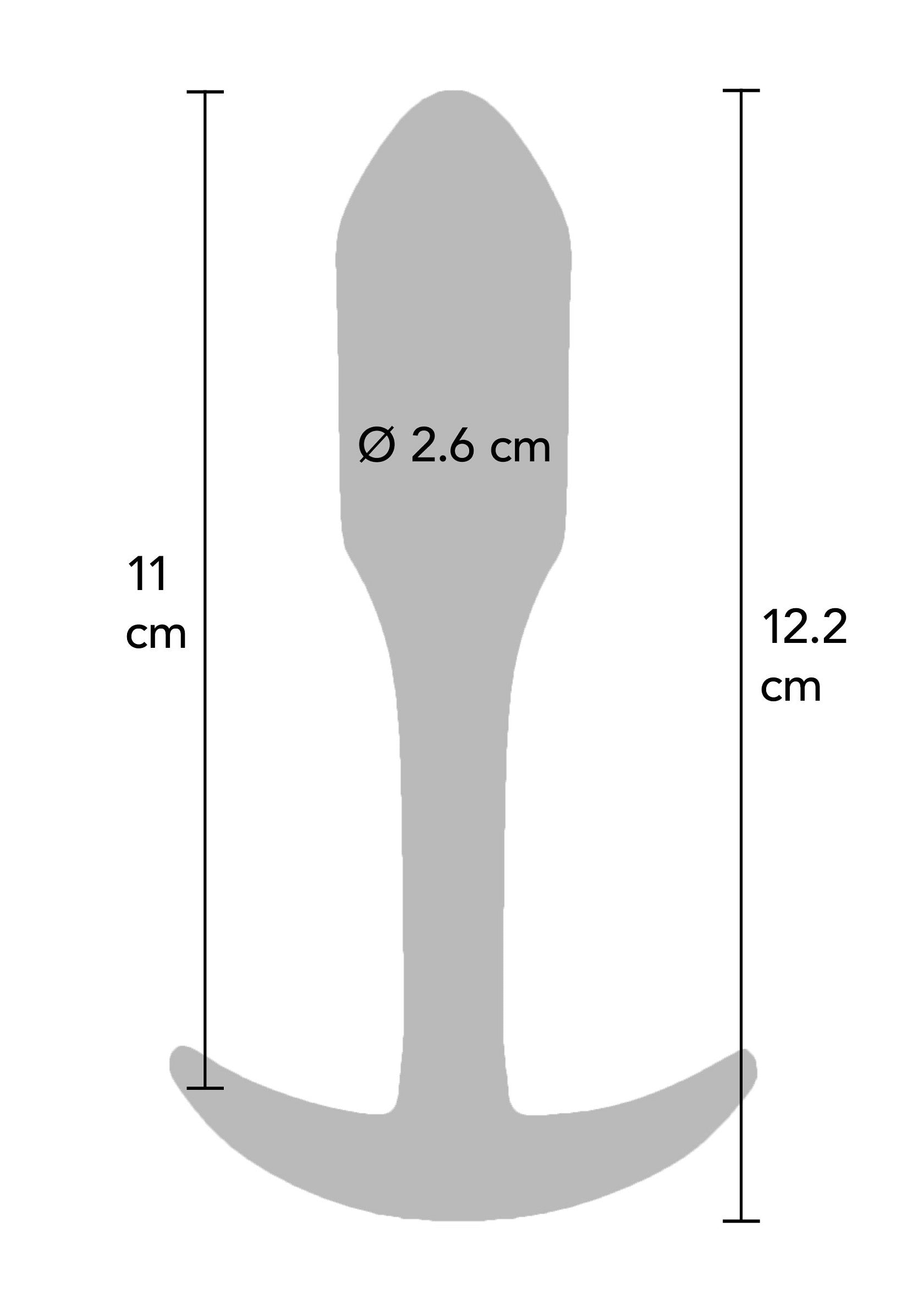 Schéma d'un plug anal avec ses dimensions (11 cm et 12,2 cm de hauteur, 2,6 cm de diamètre).; Diagram van een anale plug met afmetingen (11 cm en 12,2 cm hoog, 2,6 cm diameter).; Diagram of an anal plug with dimensions (11 cm and 12.2 cm high, 2.6 cm diameter).
