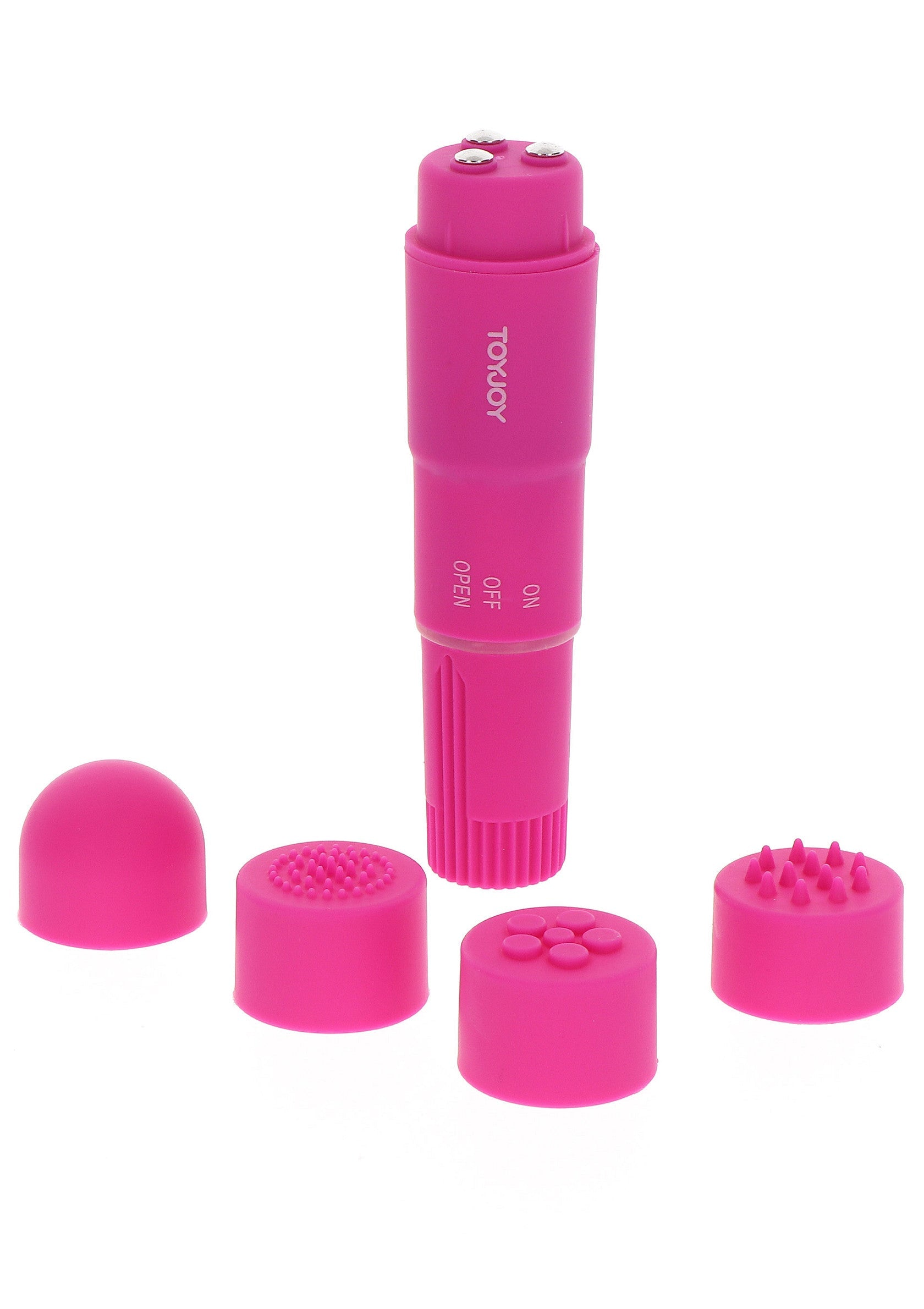 Masseur vibrant rose ToyJoy avec différentes têtes pour une expérience personnalisée.; Roze ToyJoy vibrerende stimulator met diverse opzetstukken voor een persoonlijke ervaring.; Pink ToyJoy vibrating massager with different heads for a customized experience.
