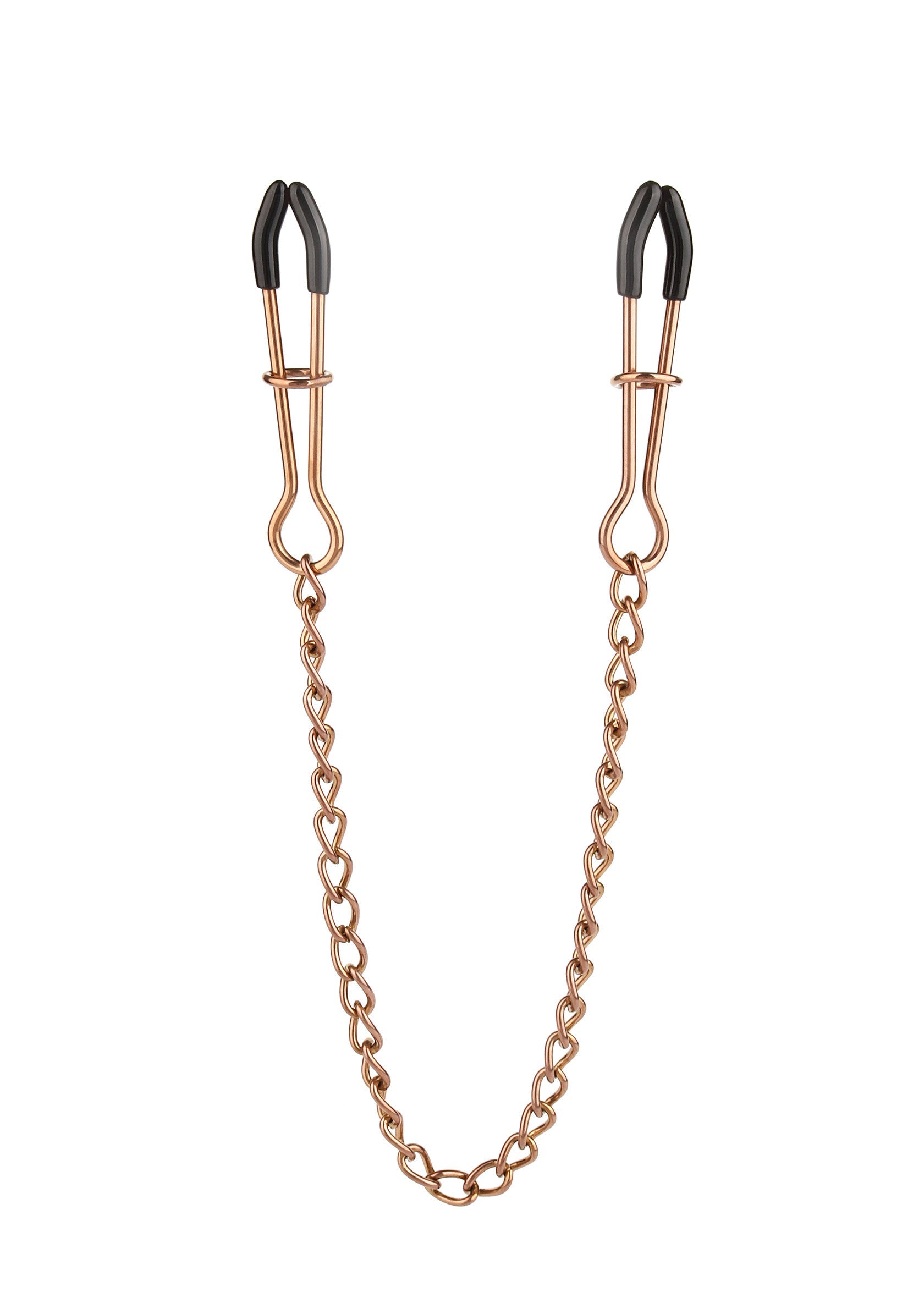 Pinces à tétons couleur or rose avec chaîne. Accessoire érotique pour adultes.; Roségoudkleurige tepelklemmen met ketting. Erotisch accessoire voor volwassenen.; Rose gold-colored nipple clamps with chain. Adult erotic accessory.