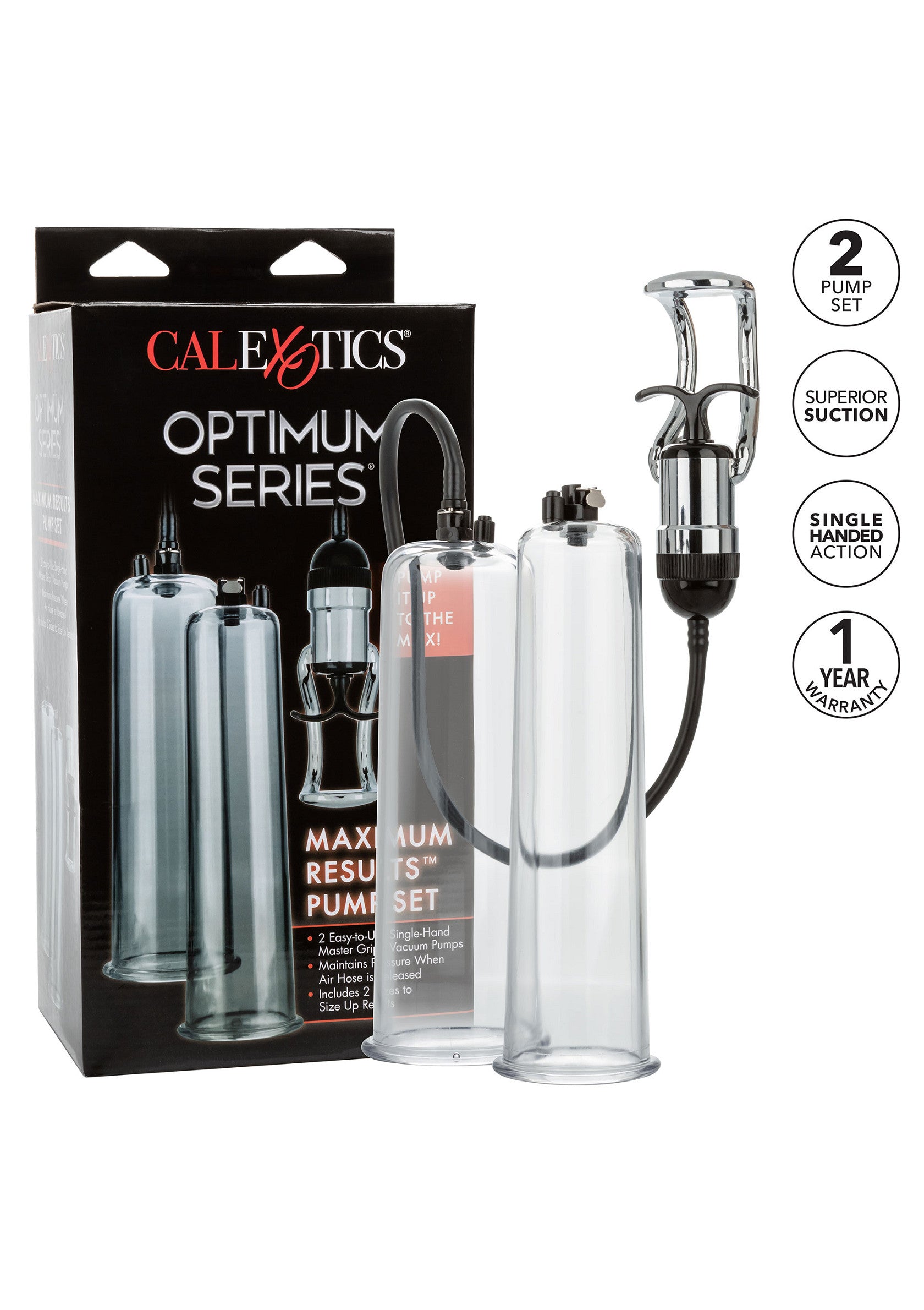 CalExotics Optimum Series : kit de pompe pénienne pour des résultats maximums. Aspiration supérieure et garantie d'un an.; CalExotics Optimum Series: penispomp set voor maximale resultaten. Superieure zuigkracht en 1 jaar garantie.; CalExotics Optimum Series: penis pump set for maximum results. Superior suction & 1 year warranty.