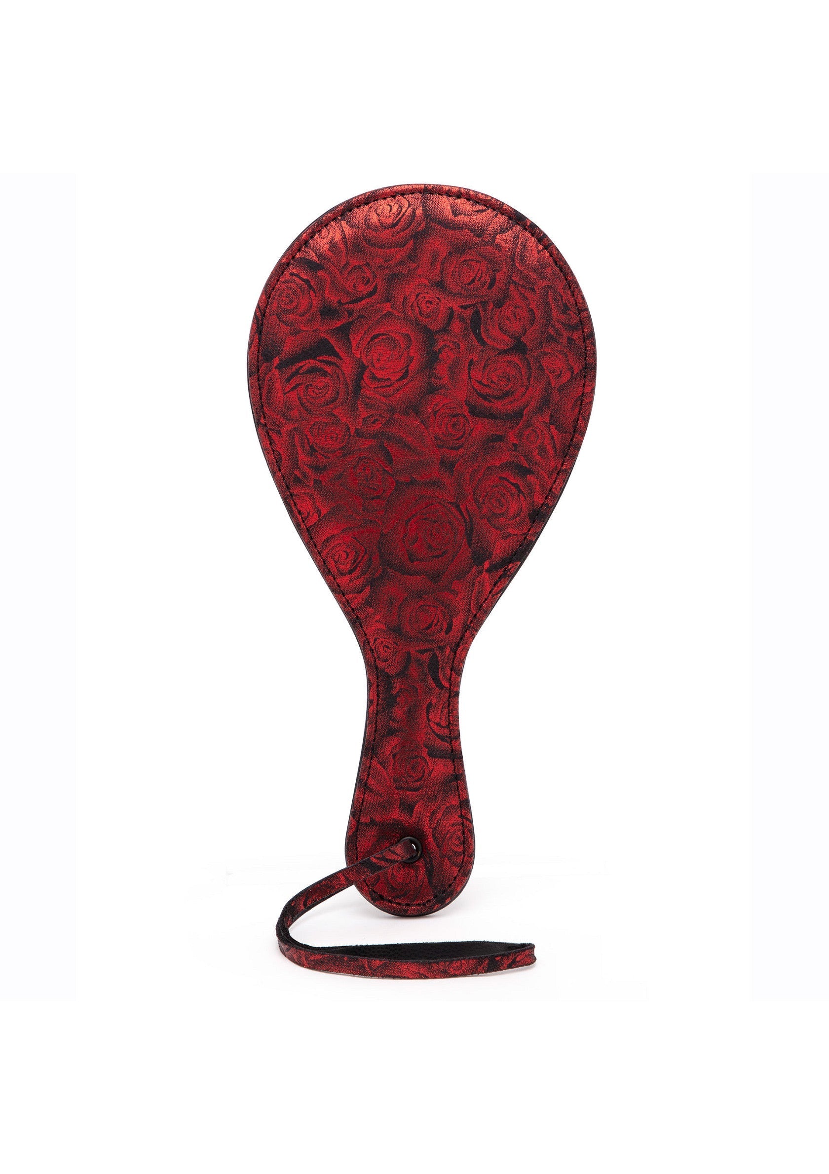 Pagaie érotique en tissu rouge à motif floral rose pour jeux de rôle et BDSM doux.; Erotische paddle van rode stof met rozenprint, voor rollenspellen en milde BDSM.; Erotic paddle in red rose-patterned fabric for role-playing and mild BDSM.