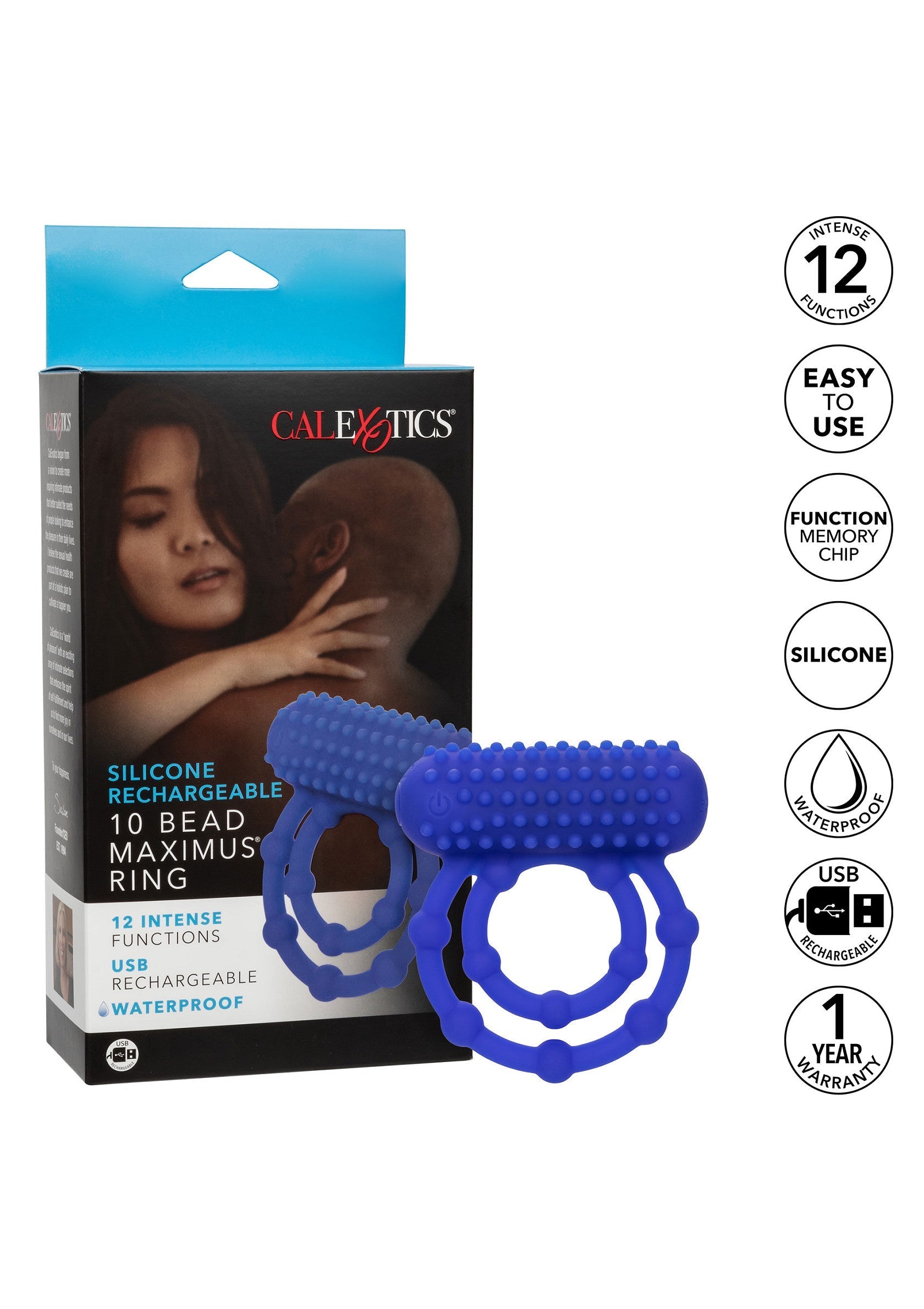 Anneau pénien CalExotics Maximus Ring en silicone bleu, rechargeable USB et étanche. 12 fonctions d'intensité.; CalExotics Maximus Ring penisring in blauwe silicone, USB-oplaadbaar en waterdicht. 12 intensiteitsfuncties.; CalExotics Maximus Ring cock ring in blue silicone, USB rechargeable, and waterproof. 12 intensity functions.