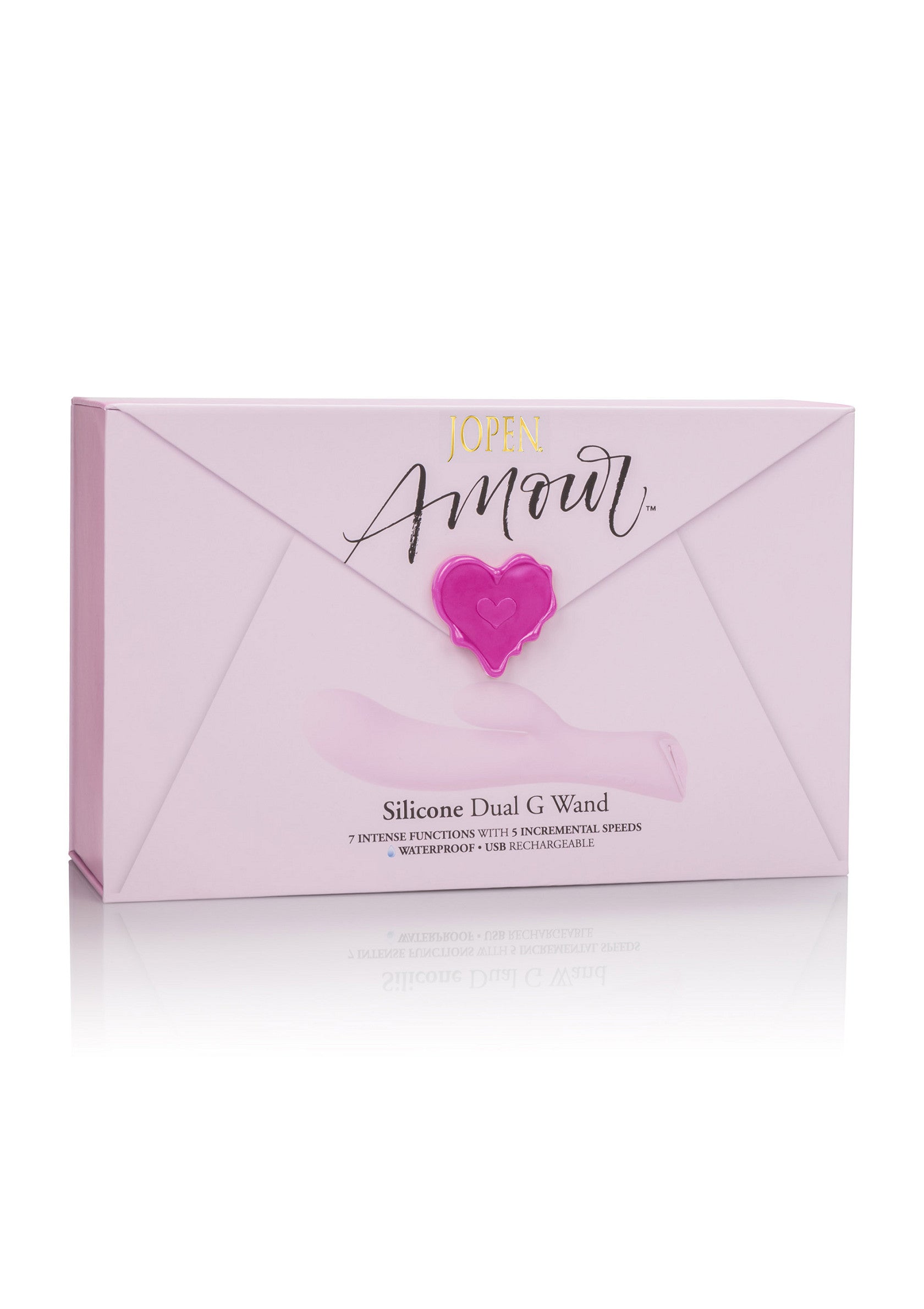 Joyeux Amour - boîte rose de baguette vibrante double silicone G, 7 fonctions, étanche, rechargeable. ; Joyeux Amour - roze doos met siliconen dubbele G vibrerende staaf, 7 functies, waterdicht, oplaadbaar.; Joyeux Amour - pink box of silicone dual G vibrating wand, 7 functions, waterproof, rechargeable.