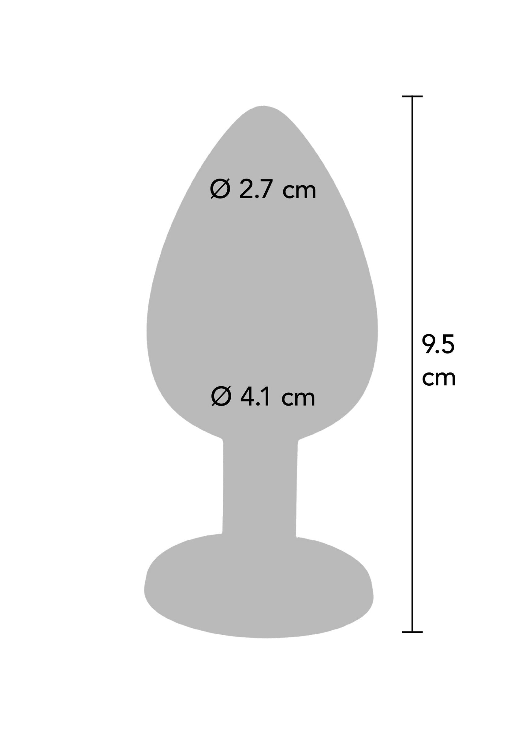 Diagramme d'un plug anal avec dimensions : 9,5 cm de hauteur, 2,7 cm de diamètre en haut, 4,1 cm de diamètre à la base du cône.; Diagram van een anale plug met afmetingen: 9,5 cm hoog, 2,7 cm diameter bovenaan, 4,1 cm diameter aan de basis van de kegel.; Diagram of an anal plug with dimensions: 9.5 cm height, 2.7 cm diameter at the top, 4.1 cm diameter at the base of the cone.
