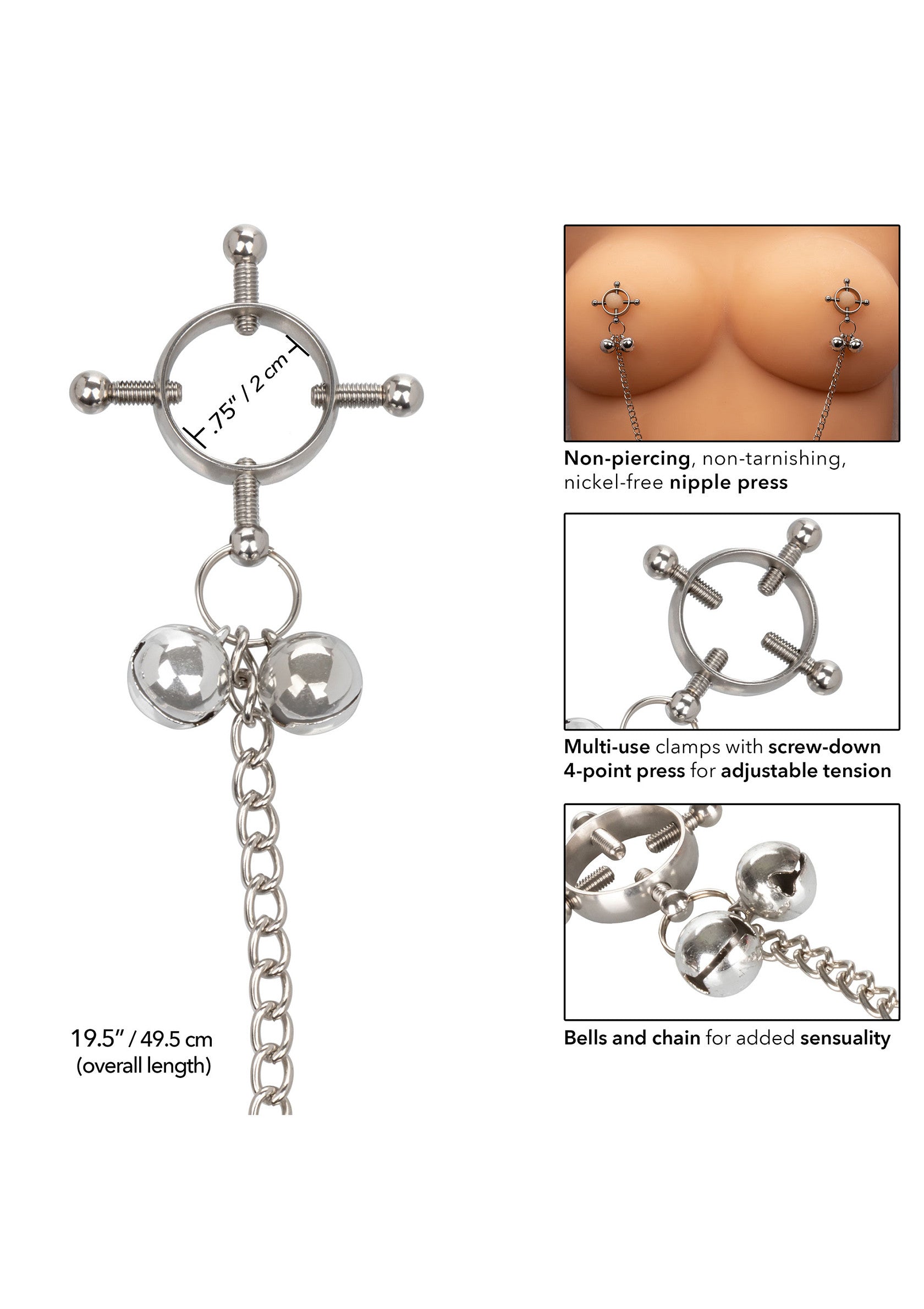 Pinces à tétons non perçantes avec chaîne et clochettes. Serrez pour plus de plaisir! Taille ajustable.; Niet-piercing tepelklemmen met ketting en belletjes. Aandraaien voor meer plezier! Verstelbare grootte.; Non-piercing nipple clamps with chain and bells. Tighten for more fun! Adjustable size.
