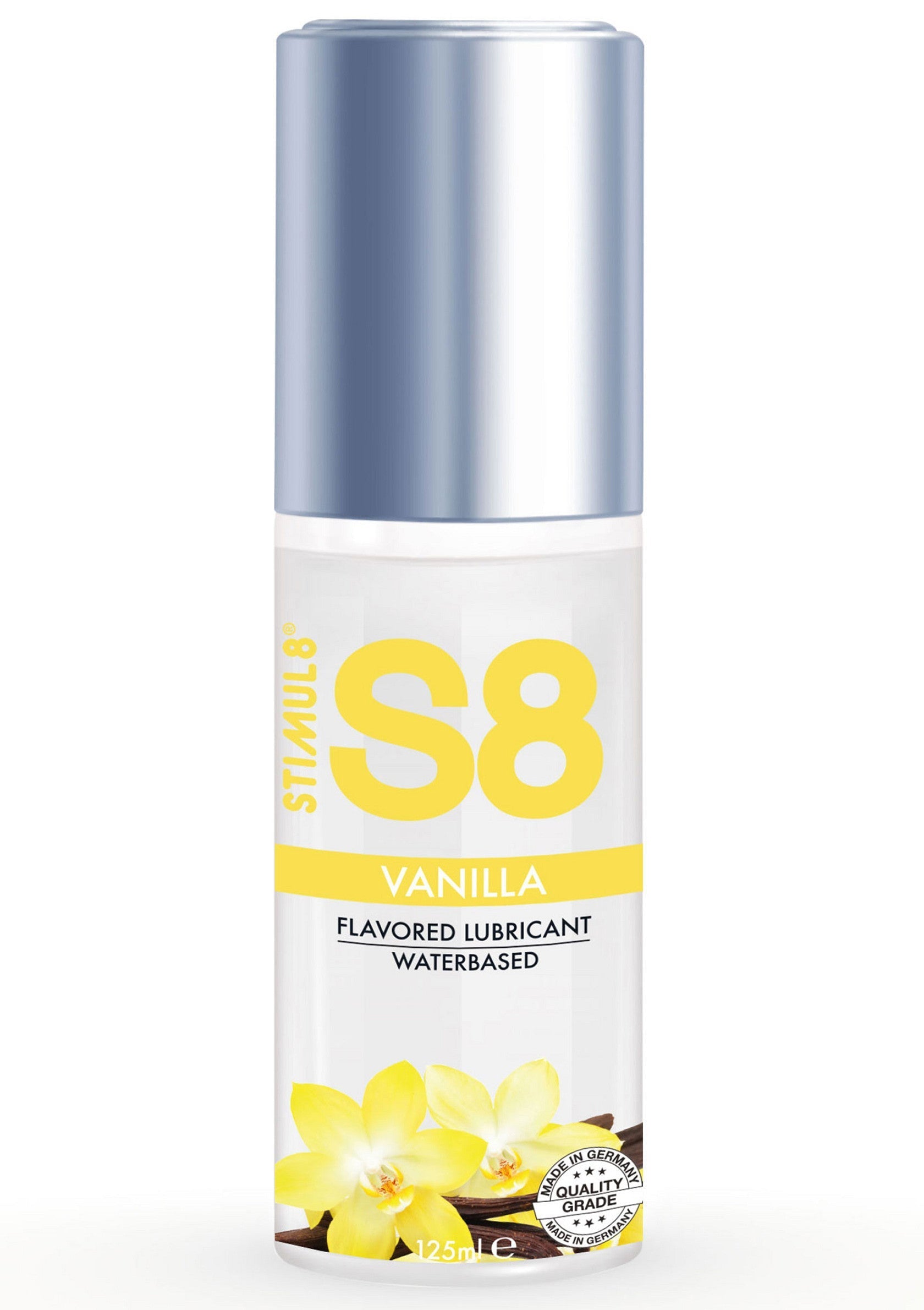 Lubrifiant à base d'eau S8 vanille. Doux, sûr et délicieusement parfumé. Fabriqué en Allemagne.; S8 Vanille glijmiddel op waterbasis. Zacht, veilig en heerlijk geurend. Gemaakt in Duitsland.; S8 Vanilla water-based lubricant. Smooth, safe, and delightfully scented. Made in Germany.