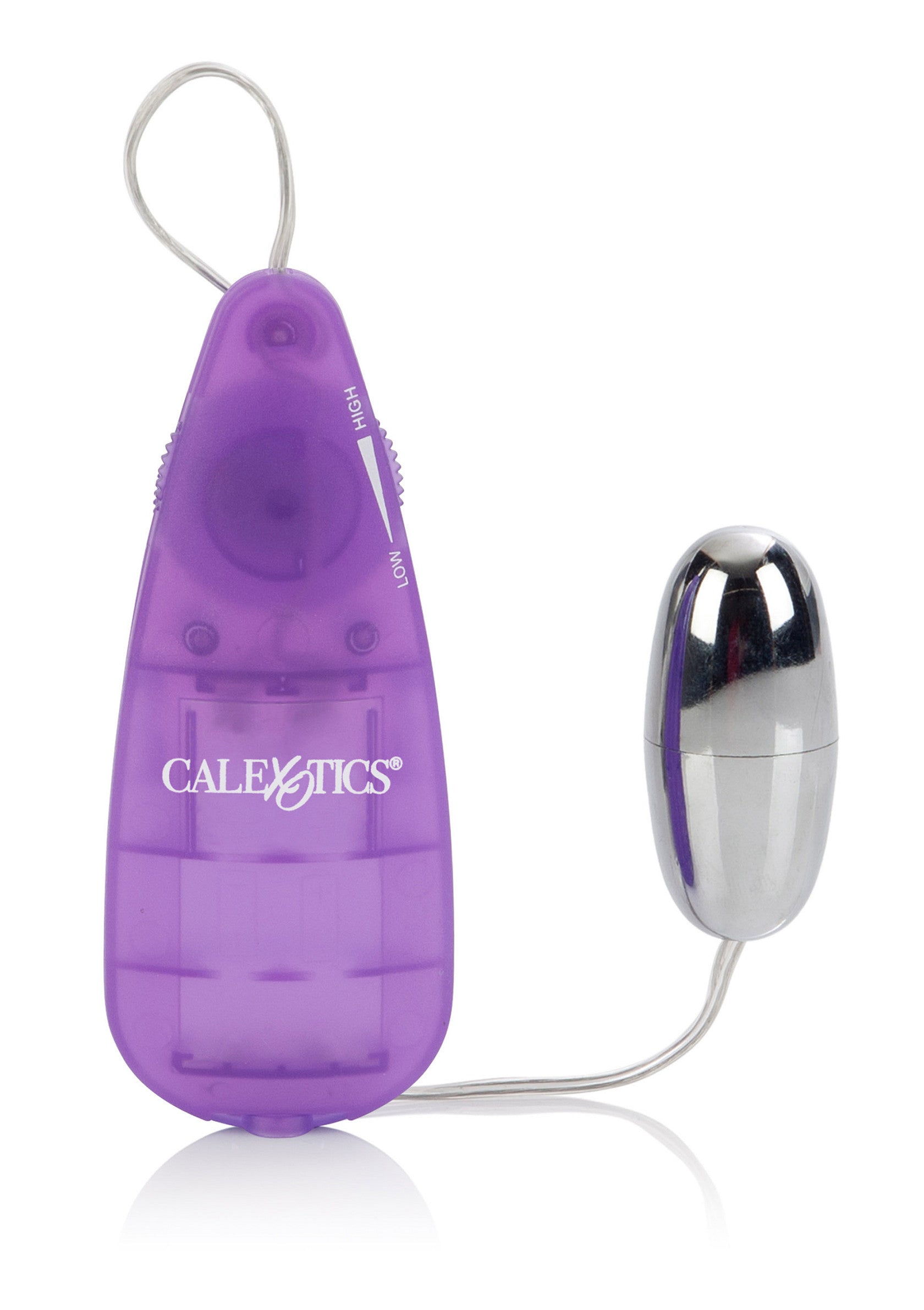 Vibromasseur oeuf vibrant CalExotics violet. Stimulation personnelle pour adultes.; CalExotics paarse vibrerende eivibrator. Persoonlijke stimulatie voor volwassenen.; CalExotics purple vibrating egg vibrator. Personal adult stimulation.