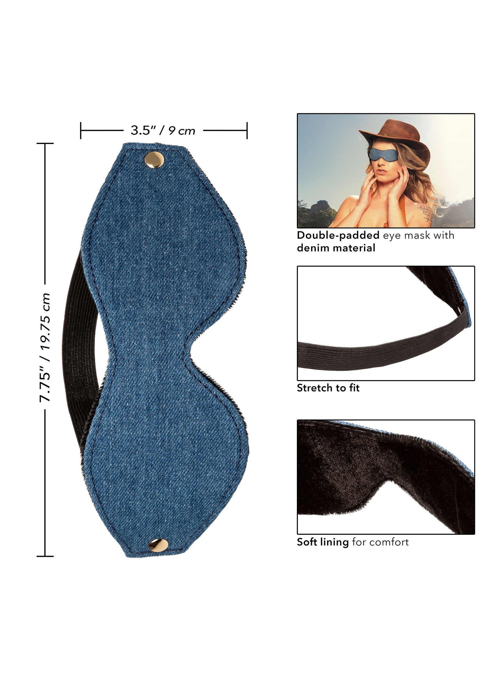 Masque de sommeil en jean rembourré. Doublure douce pour un confort optimal. Taille unique.; Gewatteerd slaapmasker van denim. Zachte voering voor comfort. One size fits all.; Padded denim sleep mask. Soft lining for comfort. One size fits all.