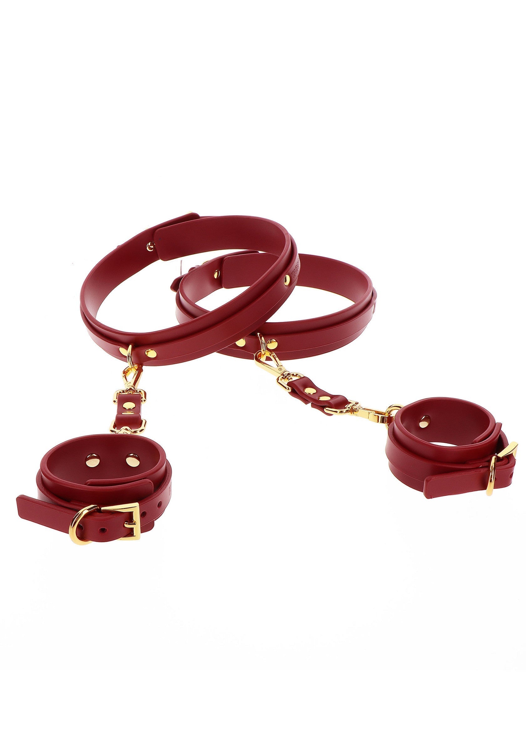 Ensemble de bondage en cuir rouge avec menottes et collier.; Rode lederen bondage set met handboeien en halsband.; Red leather bondage set with handcuffs and collar.