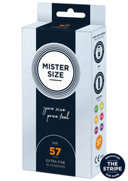 Préservatifs Mister Size taille 57. Extra fins pour une sensation naturelle et une protection optimale. Trouvez votre taille idéale!; Mister Size condooms maat 57. Extra dun voor een natuurlijk gevoel en optimale bescherming. Vind jouw perfecte maat!; Mister Size condoms size 57. Extra fine for a natural feel and optimal protection. Find your perfect fit with our size guide!