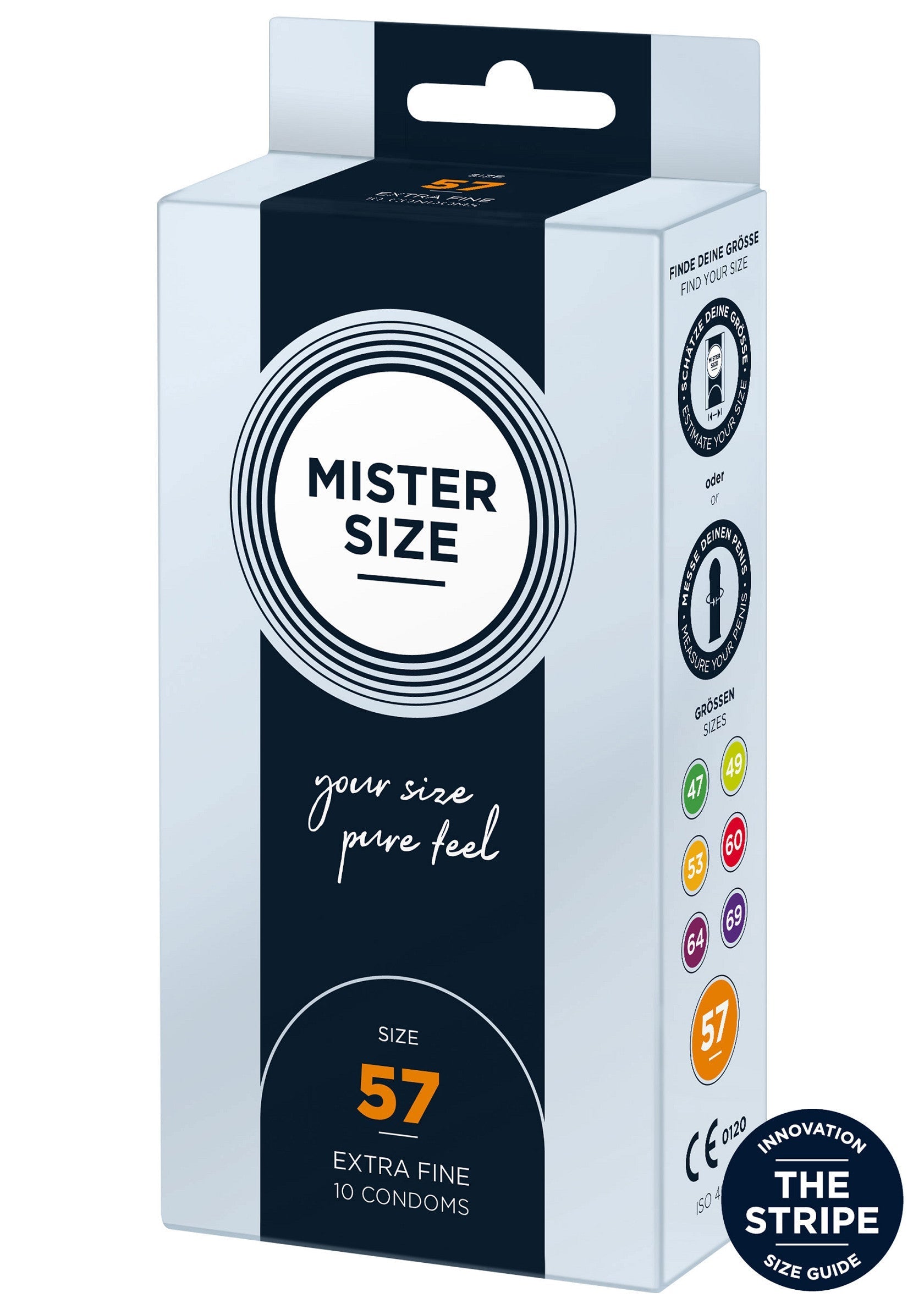 Préservatifs Mister Size taille 57. Extra fins pour une sensation naturelle et une protection optimale. Trouvez votre taille idéale!; Mister Size condooms maat 57. Extra dun voor een natuurlijk gevoel en optimale bescherming. Vind jouw perfecte maat!; Mister Size condoms size 57. Extra fine for a natural feel and optimal protection. Find your perfect fit with our size guide!