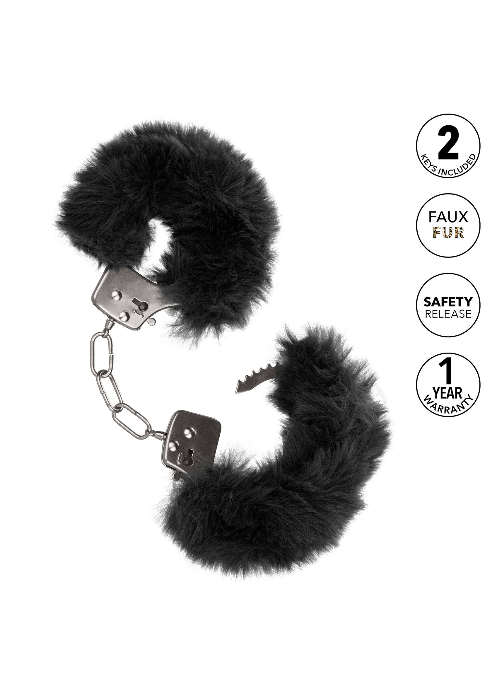 Menottes en fausse fourrure noire avec clés. Accessoires coquins pour adultes.; Zwarte nepbont handboeien met sleutels. Speelse accessoires voor volwassenen.; Black faux fur handcuffs with keys. Playful adult accessories.