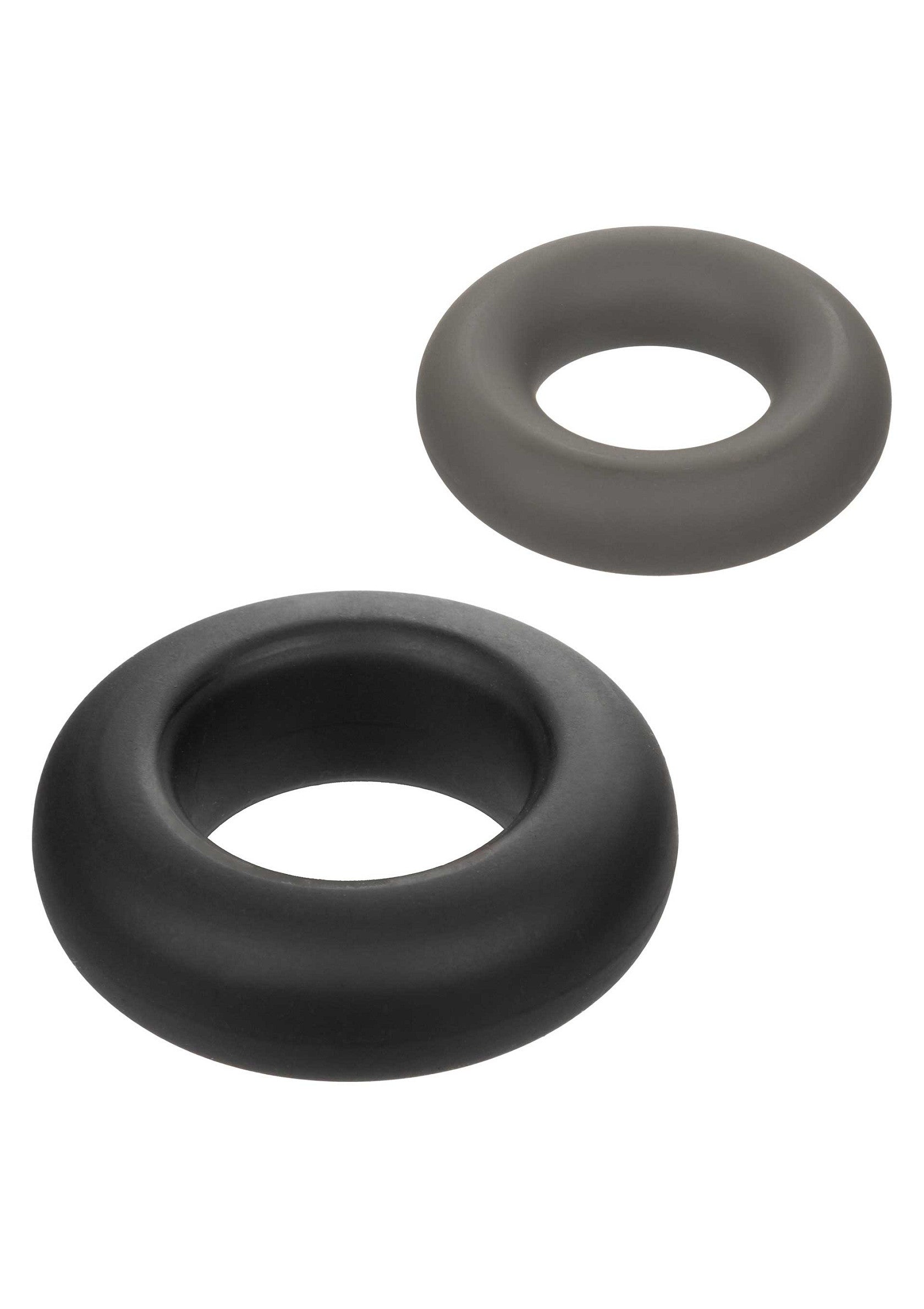Anneaux péniens en silicone noir et gris pour plus de plaisir et de sensations.; Zwarte en grijze siliconen penisringen voor meer plezier en sensaties.; Black and gray silicone cock rings for enhanced pleasure and sensations.