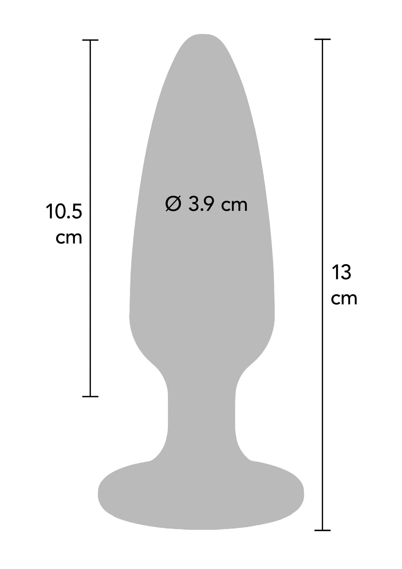 Plug anal gris avec dimensions indiquées (10.5cm/13cm hauteur, 3.9cm diamètre). Idéal pour le plaisir intime et l'exploration.; Grijze anale plug met afmetingen (10.5cm/13cm hoogte, 3.9cm diameter). Ideaal voor intiem plezier en verkenning.; Gray anal plug with dimensions (10.5cm/13cm height, 3.9cm diameter). Ideal for intimate pleasure and exploration.