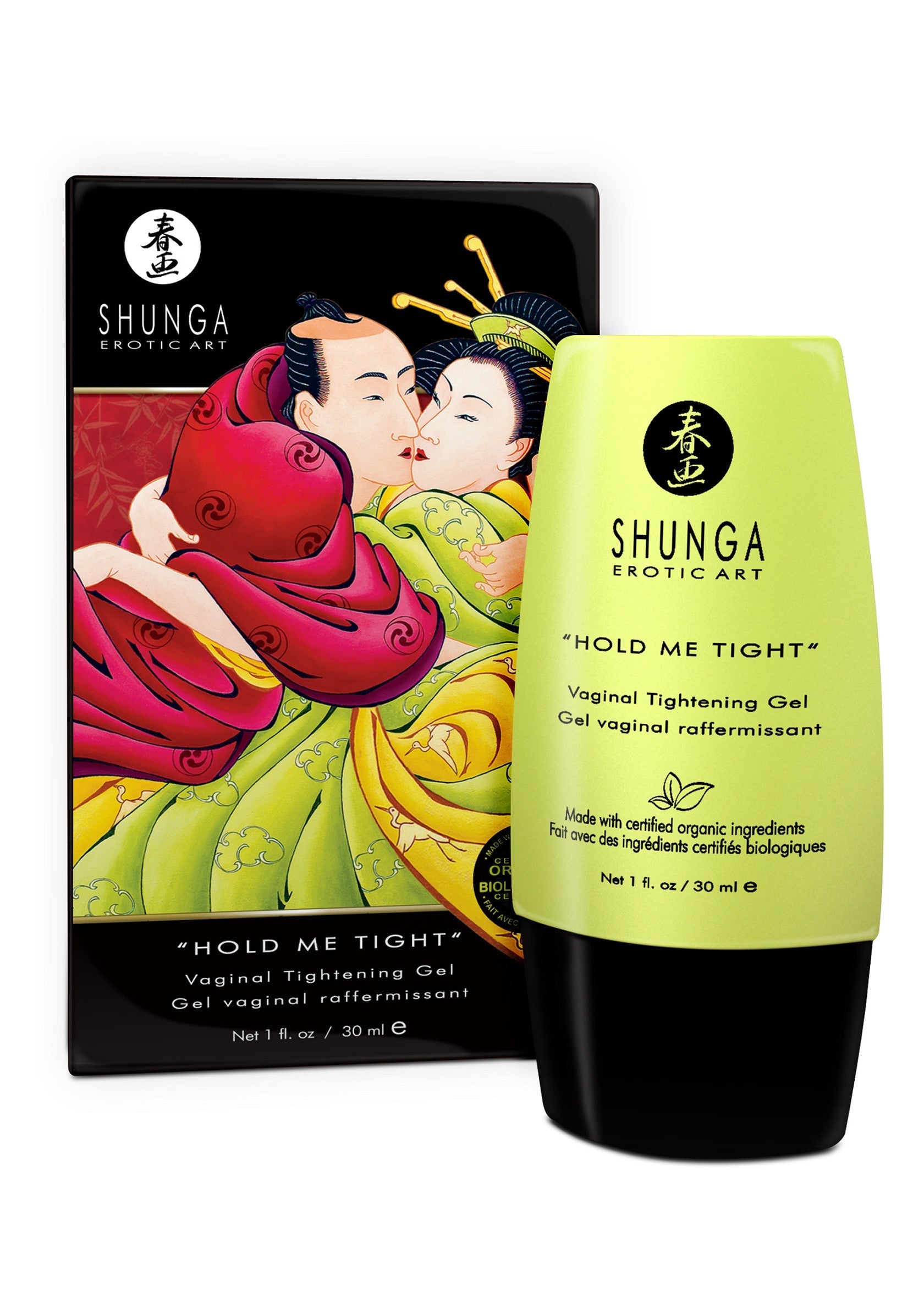 Shunga Hold Me Tight Gel vaginal raffermissant. Ingrédients bio. 30 ml. Pour une intimité intense!; Shunga Hold Me Tight vaginale verstevigingsgel. Biologische ingrediënten. 30 ml. Voor intense intimiteit!; Shunga Hold Me Tight Vaginal Tightening Gel. Certified organic ingredients. 30ml. For intense intimacy!