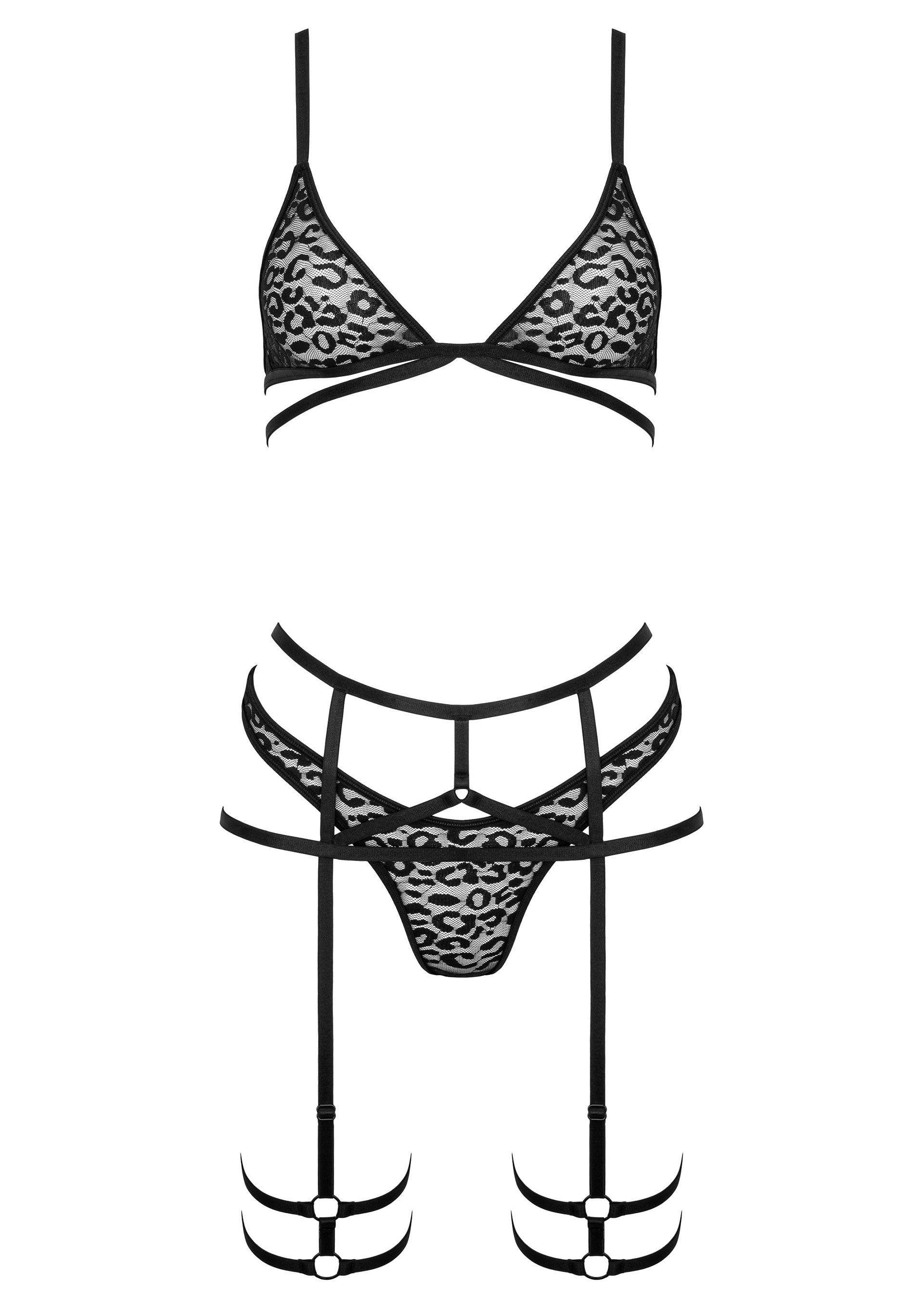 Ensemble de lingerie noir à imprimé léopard avec bretelles et jarretelles.; Zwarte lingerie set met luipaardprint, bandjes en jarretels.; Black leopard print lingerie set with straps and garter straps.