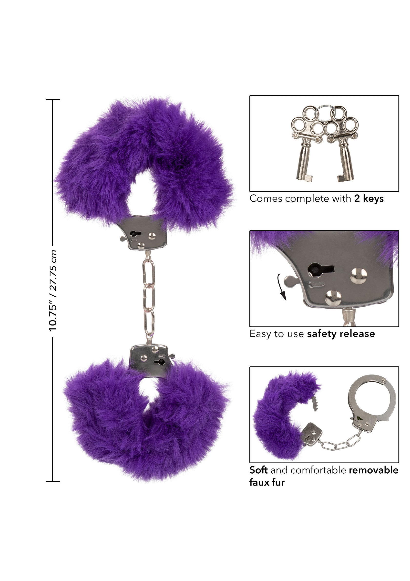 Menottes en fausse fourrure violette douce et confortables avec clés et dispositif de sécurité facile à utiliser.; Zachte, comfortabele paarse pluche handboeien met sleutels en makkelijk te gebruiken veiligheidsmechanisme.; Soft, comfortable purple faux fur handcuffs with keys and easy-to-use safety release.