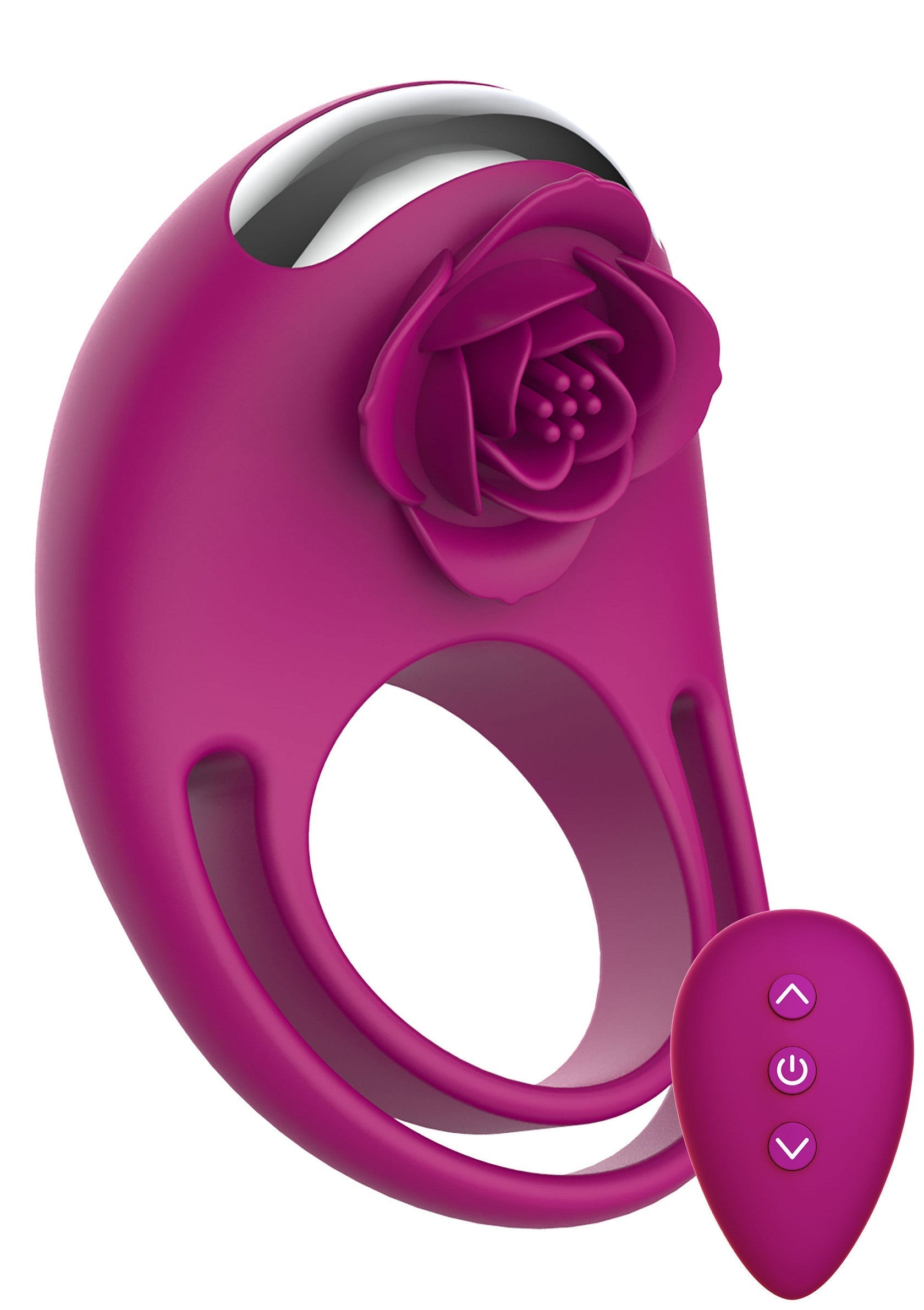 Vibromasseur vibrant rose avec motif de rose et télécommande. Plaisir discret et élégant.; Roze vibrerende vibrator met roosmotief en afstandsbediening. Discreet en stijlvol plezier.; Vibrating rose vibrator with remote. Discrete & stylish pleasure.