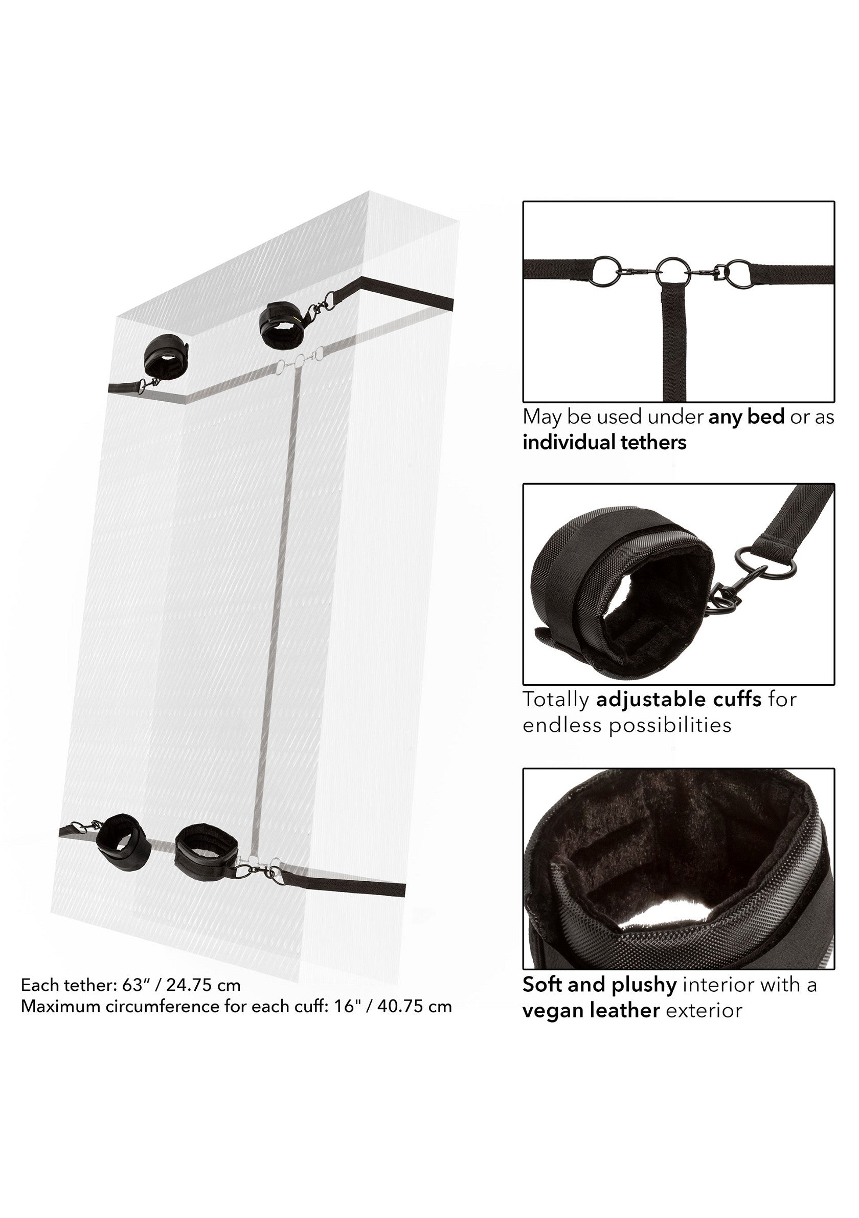 Kit de bondage sous le lit réglable avec menottes en cuir vegan doux et rembourré pour une nuit coquine. ; Verstelbare bondage set voor onder het bed met zachte en gevoerde vegan lederen handboeien voor een ondeugende nacht.; Adjustable under bed restraint kit with soft and padded vegan leather cuffs for a naughty night. 