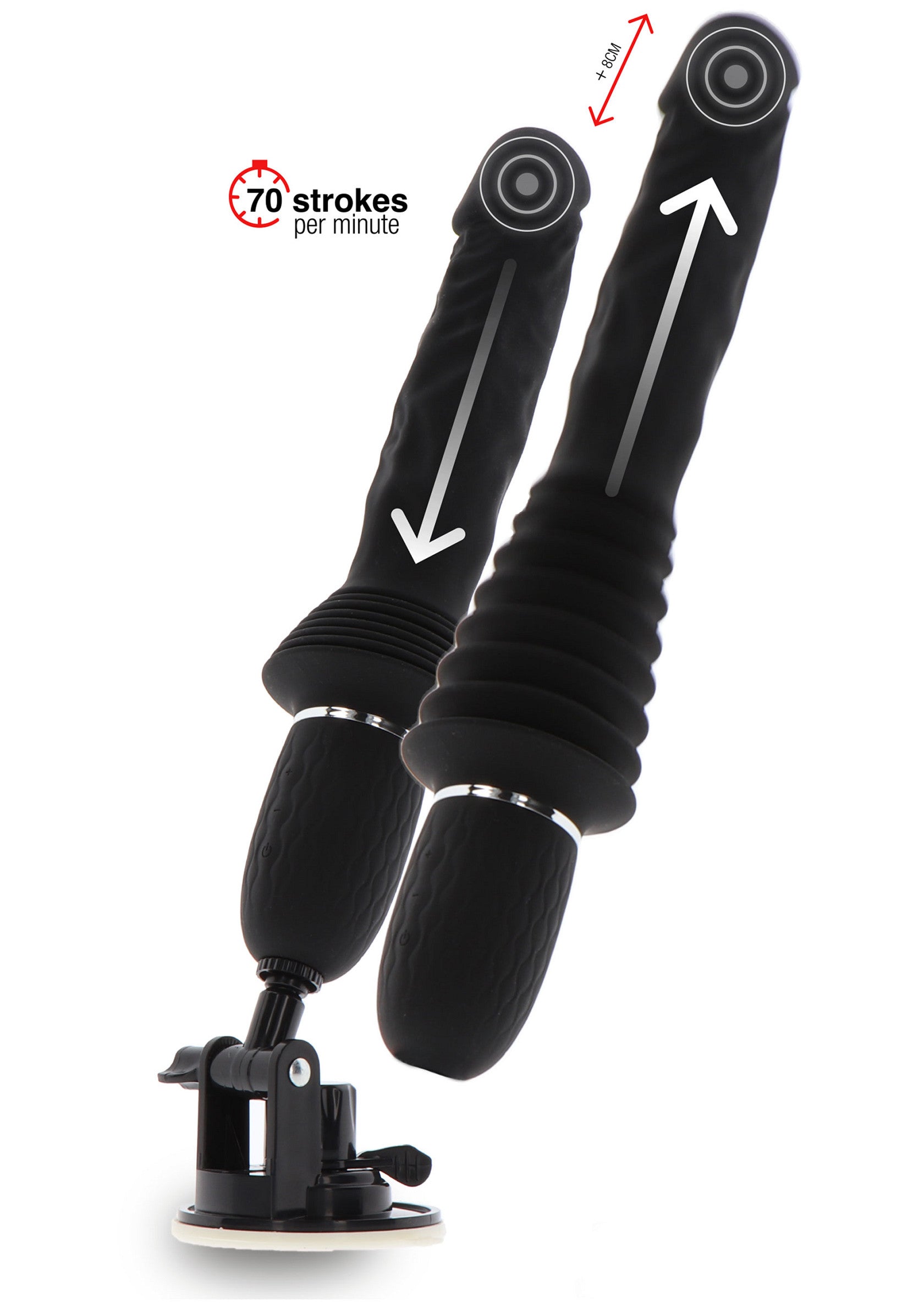 Double godemichet vibrant noir avec ventouse pour une expérience intense. 70 mouvements par minute.; Dubbele vibrerende dildo met zuignap voor een intense ervaring. 70 bewegingen per minuut.; Double vibrating dildo with suction cup for an intense experience. 70 strokes per minute.