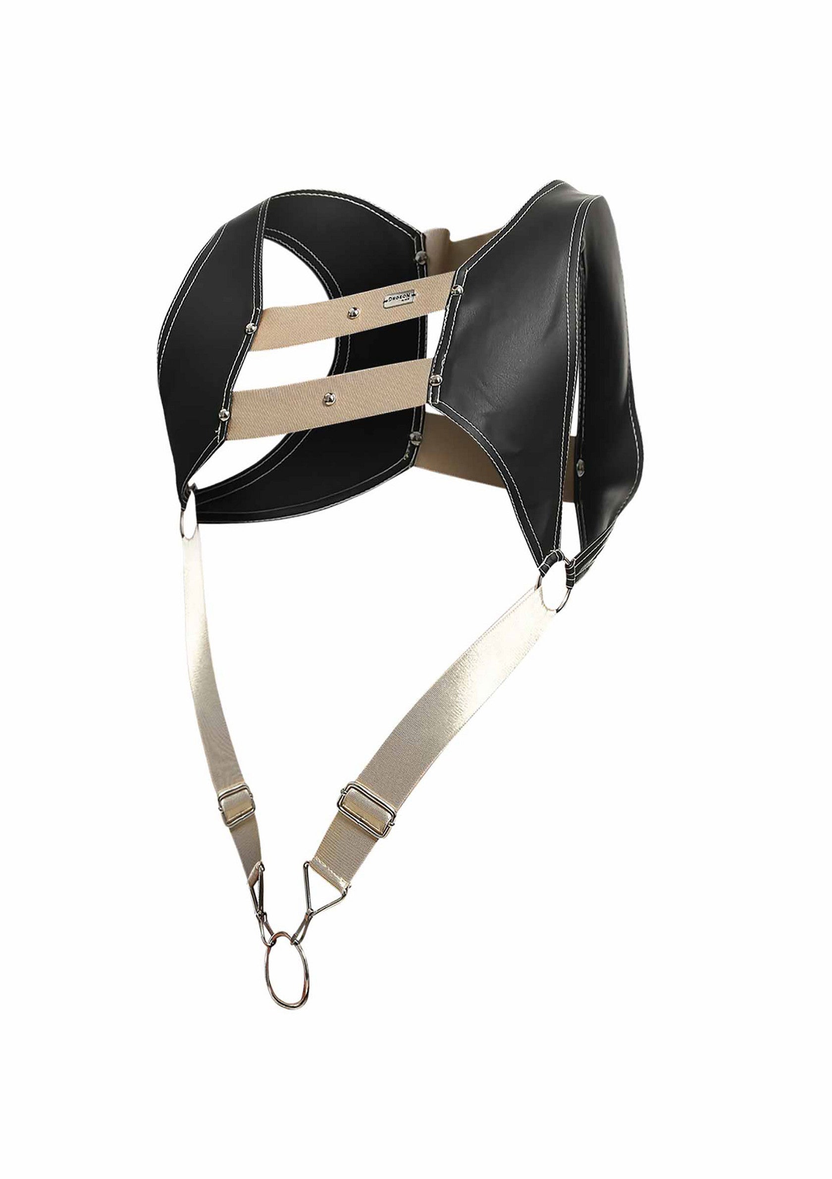 Harnais noir en cuir et sangle beige réglable. Accessoire de mode original et audacieux.; Zwart harnas van leer en beige verstelbare band. Een origineel en gedurfd modeaccessoire.; Black harness in leather and beige adjustable strap. Original and bold fashion accessory.