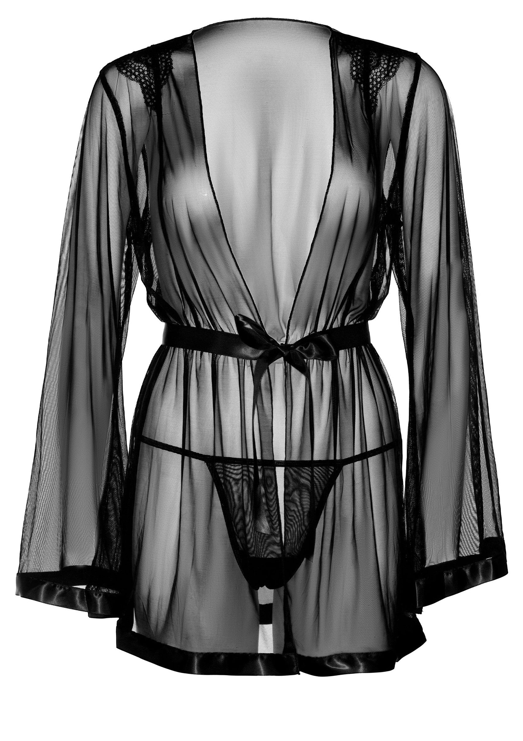 Nuisette noire transparente avec ceinture et bordure en dentelle.; Zwarte, doorschijnende negligé met ceintuur en kanten rand.; Sheer black lingerie robe with belt and lace trim.