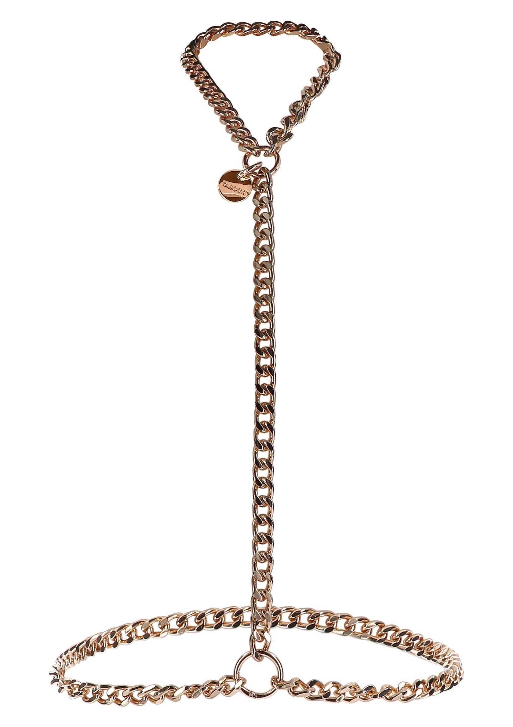 Chaîne de corps dorée tendance. Accessoire de mode parfait pour un look audacieux et stylé.; Trendy gouden bodychain. Perfect modeaccessoire voor een gedurfde en stijlvolle look.; Trendy gold body chain. Perfect fashion accessory for a bold and stylish look.