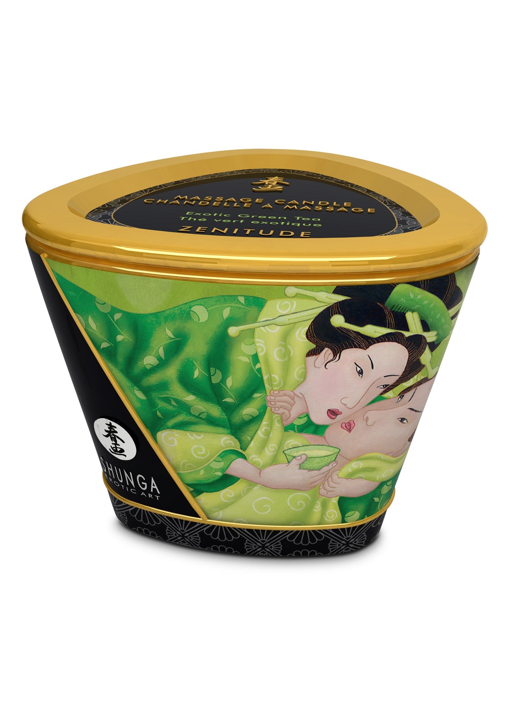 Bougie de massage Shunga Zenitude. Parfum thé vert exotique. Relaxez-vous avec cette bougie sensuelle.; Shunga Zenitude massagekaars. Met de geur van exotische groene thee. Ontspan met deze sensuele kaars.; Shunga Zenitude massage candle. Scent of exotic green tea. Relax with this sensual candle.
