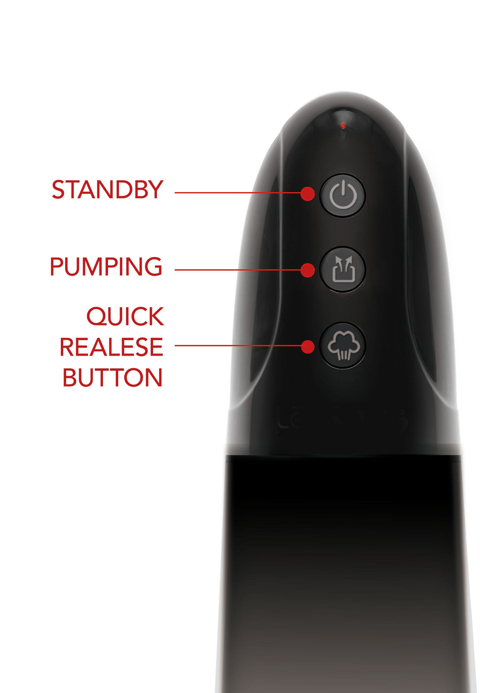 Panneau de contrôle du masseur avec boutons veille, pompage et décompression rapide.; Bedieningspaneel van de stimulator met standby-, pomp- en snelle ontgrendelingsknoppen.; Massager control panel with standby, pumping, and quick release buttons.