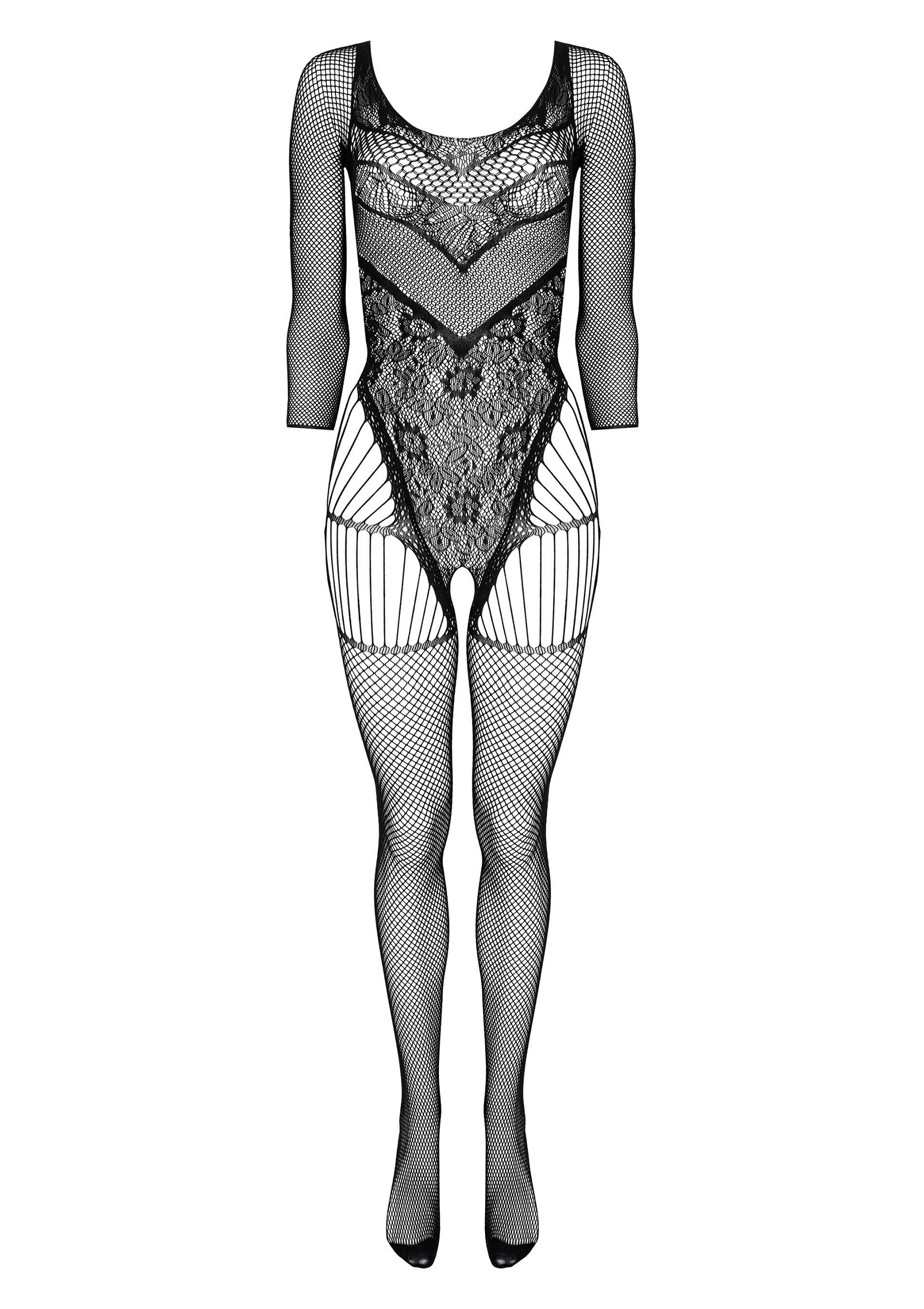 Body noir en résille et dentelle avec manches 3/4 et bas de corps à motifs.; Zwarte kanten body met visnet, driekwart mouwen en een decoratief broekje.; Black fishnet and lace body stocking with 3/4 sleeves and decorative lower section.