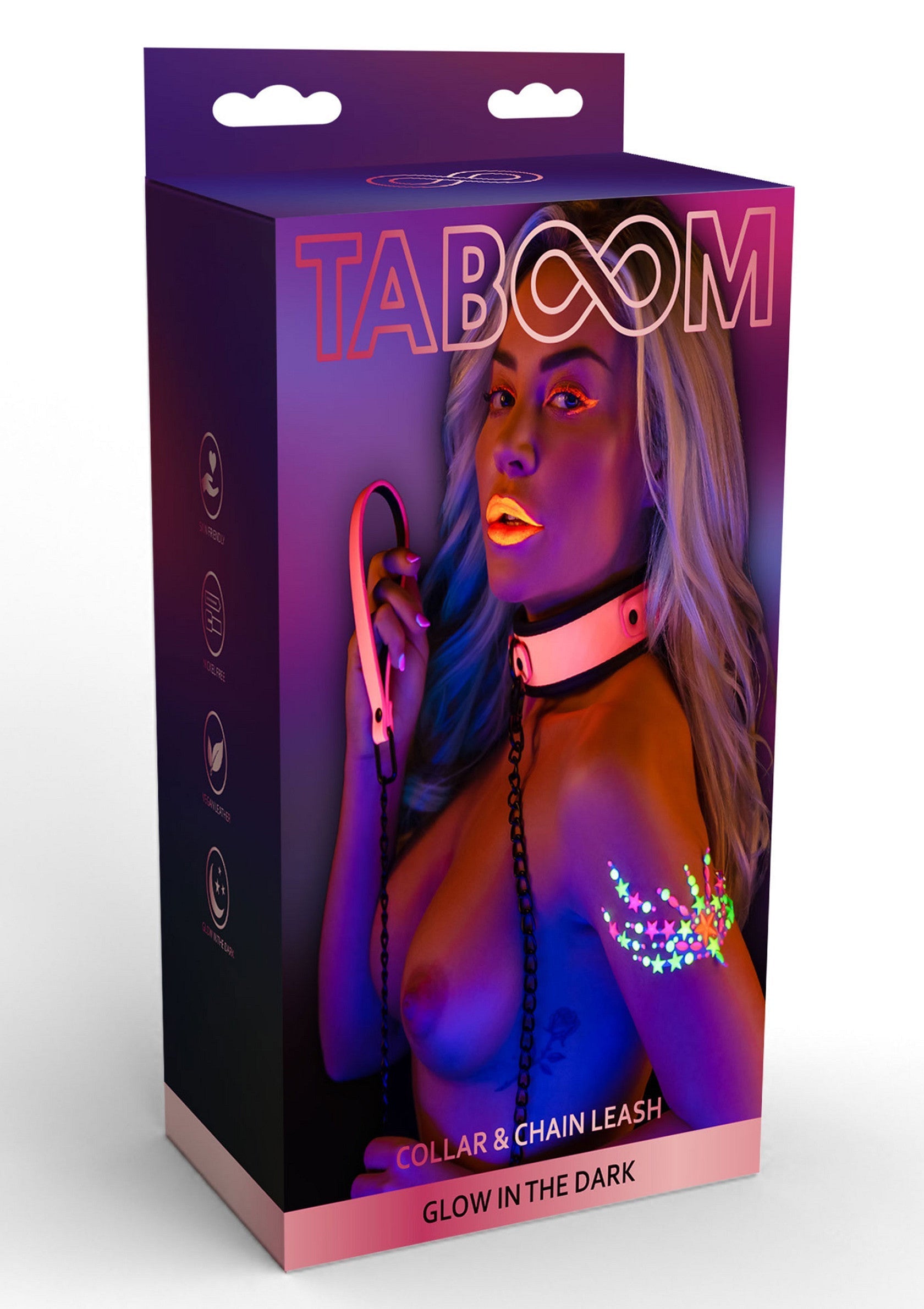 Collier et laisse à chaîne Taboom. Accessoires pour adultes phosphorescents. Jeux coquins pour couples.; Taboom halsband en kettingriem. Lichtgevende accessoires voor volwassenen. Stoute spelletjes voor koppels.; Taboom collar & chain leash. Glow-in-the-dark adult accessories. Naughty games for couples.