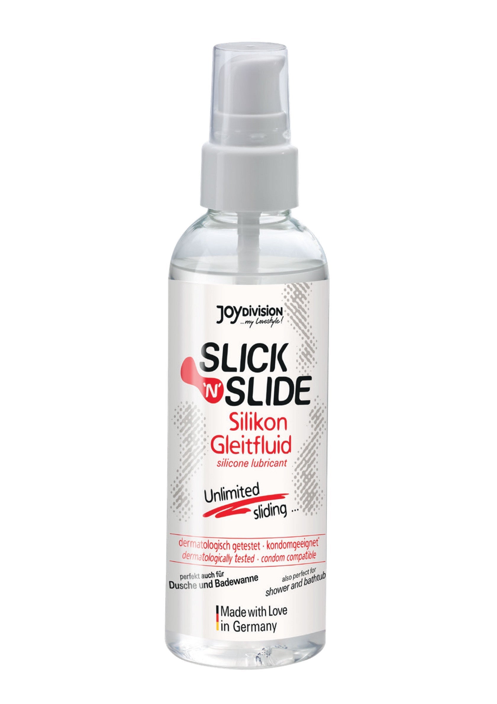 Lubrifiant silicone JoyDivision Slick'n'Slide pour un plaisir intime prolongé. Testé dermatologiquement, compatible avec les préservatifs.; JoyDivision Slick'n'Slide siliconen glijmiddel voor langdurig intiem plezier. Dermatologisch getest, compatibel met condooms.; JoyDivision Slick'n'Slide silicone lubricant for long-lasting intimate pleasure. Dermatologically tested, condom compatible.