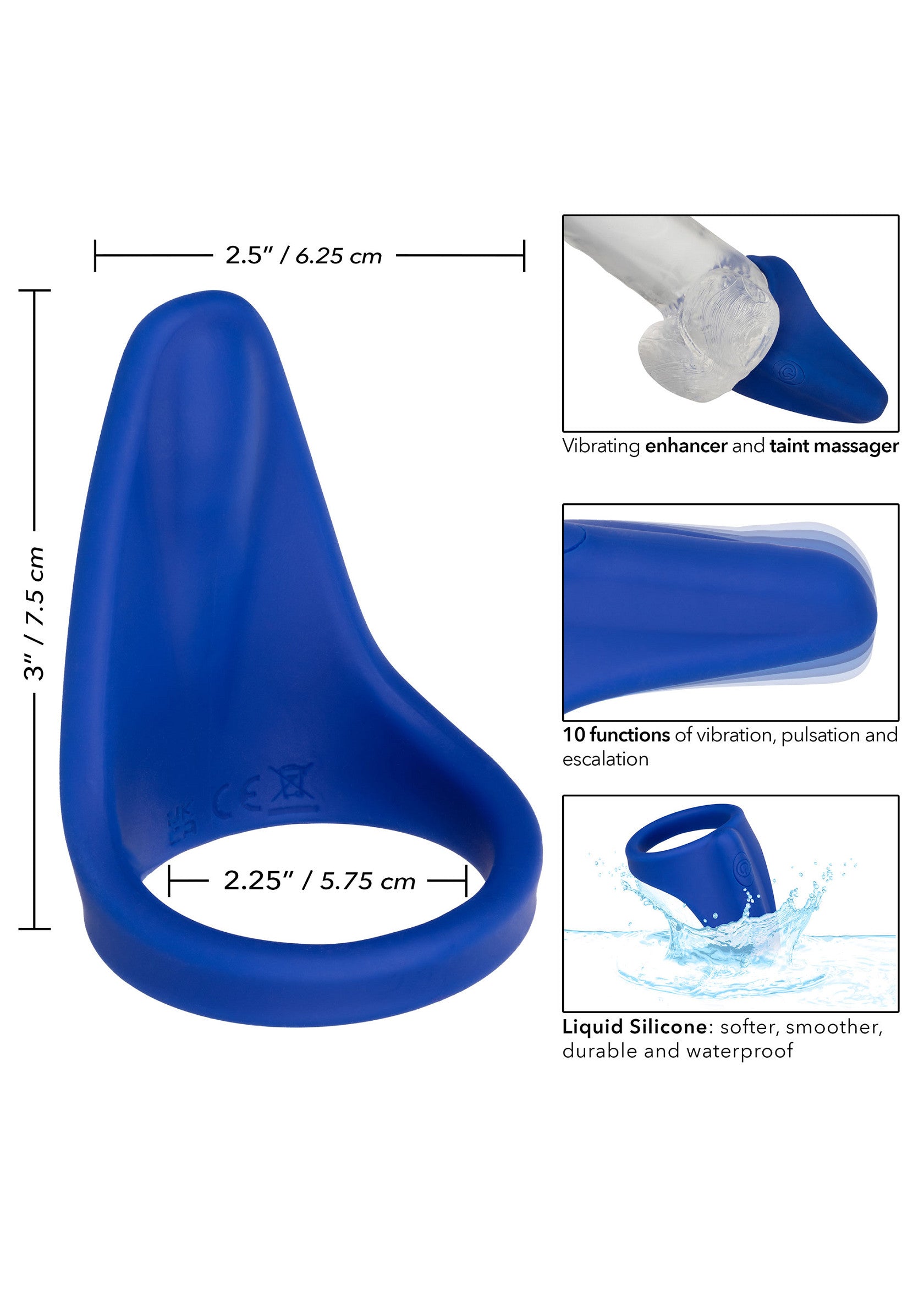Anneau vibrant bleu en silicone liquide avec 10 fonctions pour une expérience intense et imperméable.; Blauwe vibrerende ring van vloeibare siliconen met 10 functies voor een intense en waterdichte ervaring.; Blue vibrating ring made of liquid silicone with 10 functions for an intense and waterproof experience.