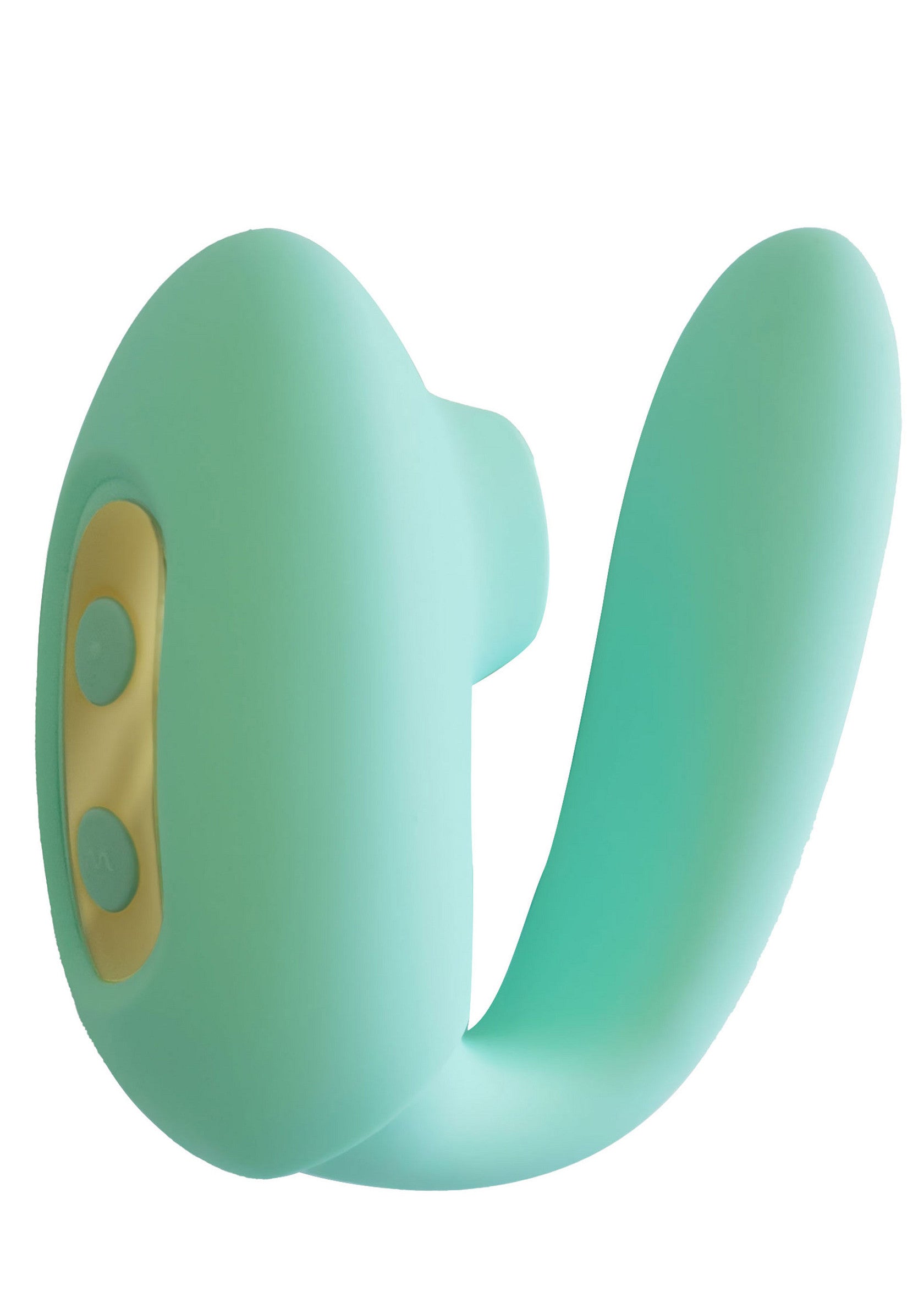 Masseur clitoridien turquoise pour le plaisir féminin.; Turkoois clitoris stimulator voor vrouwelijk genot.; Teal clitoral stimulator for female pleasure.