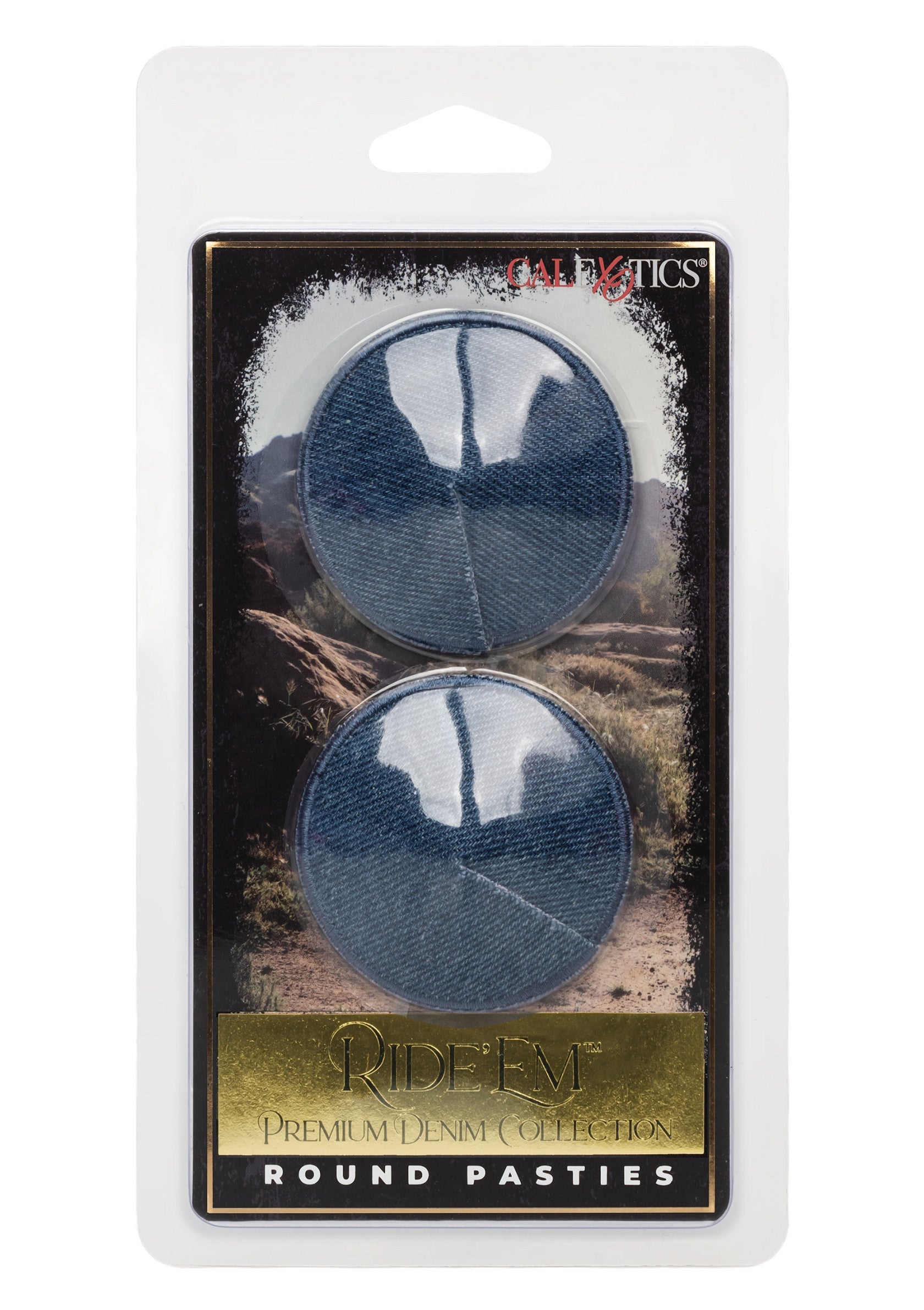 Cache-tétons ronds en denim Ride'em, collection premium. Accessoire de mode intime et original.; Ride'em denim ronde tepelbedekkers, premium collectie. Intiem en origineel modeaccessoire.; Ride'em denim round pasties, premium collection. Intimate & unique fashion accessory.