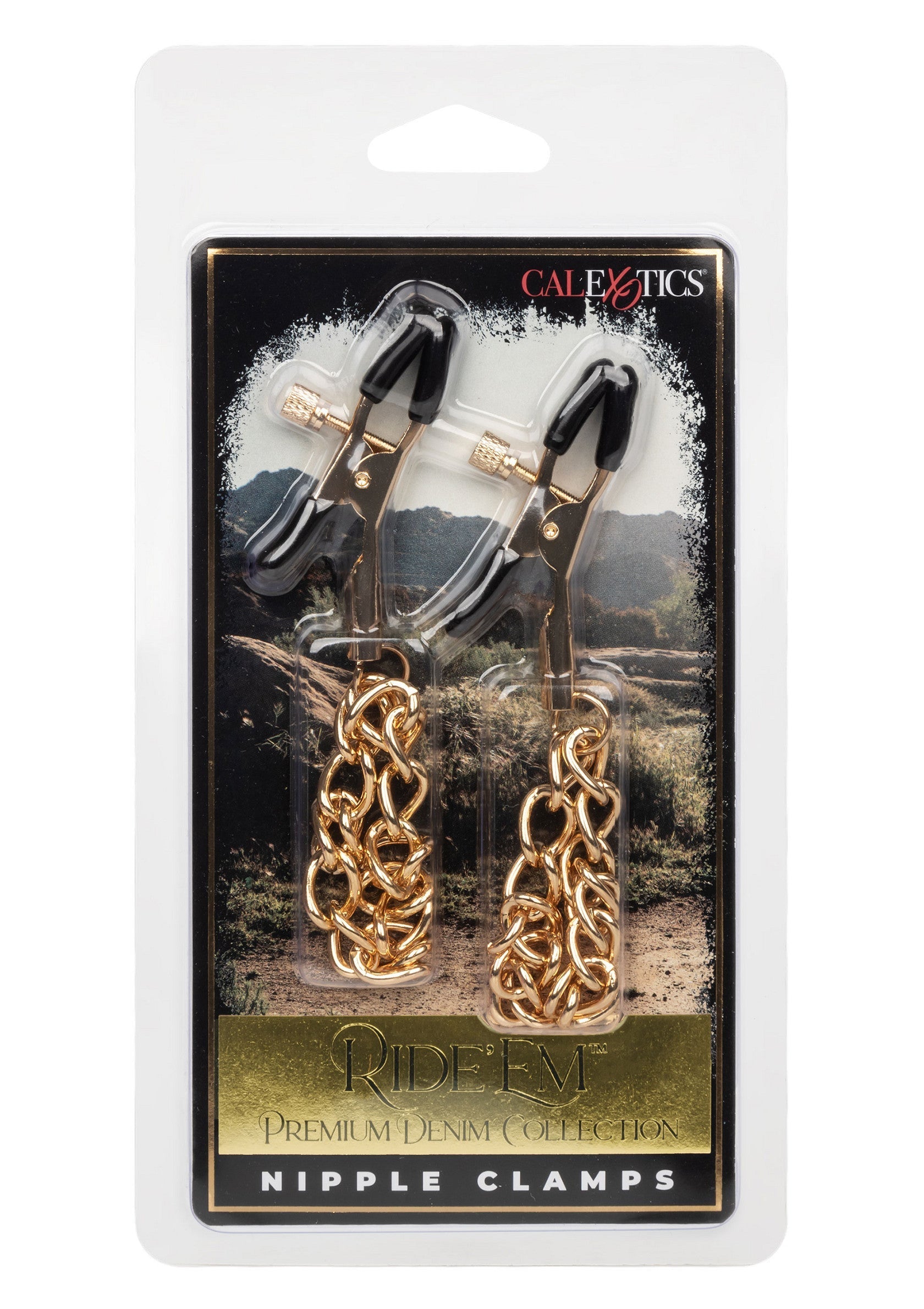 Pinces à tétons Ride'Em Premium Denim Collection. Accessoires de plaisir pour adultes.; Ride'Em Premium Denim Collection tepelklemmen. Plezieraccessoires voor volwassenen.; Ride'Em Premium Denim Collection Nipple Clamps. Adult pleasure accessories.