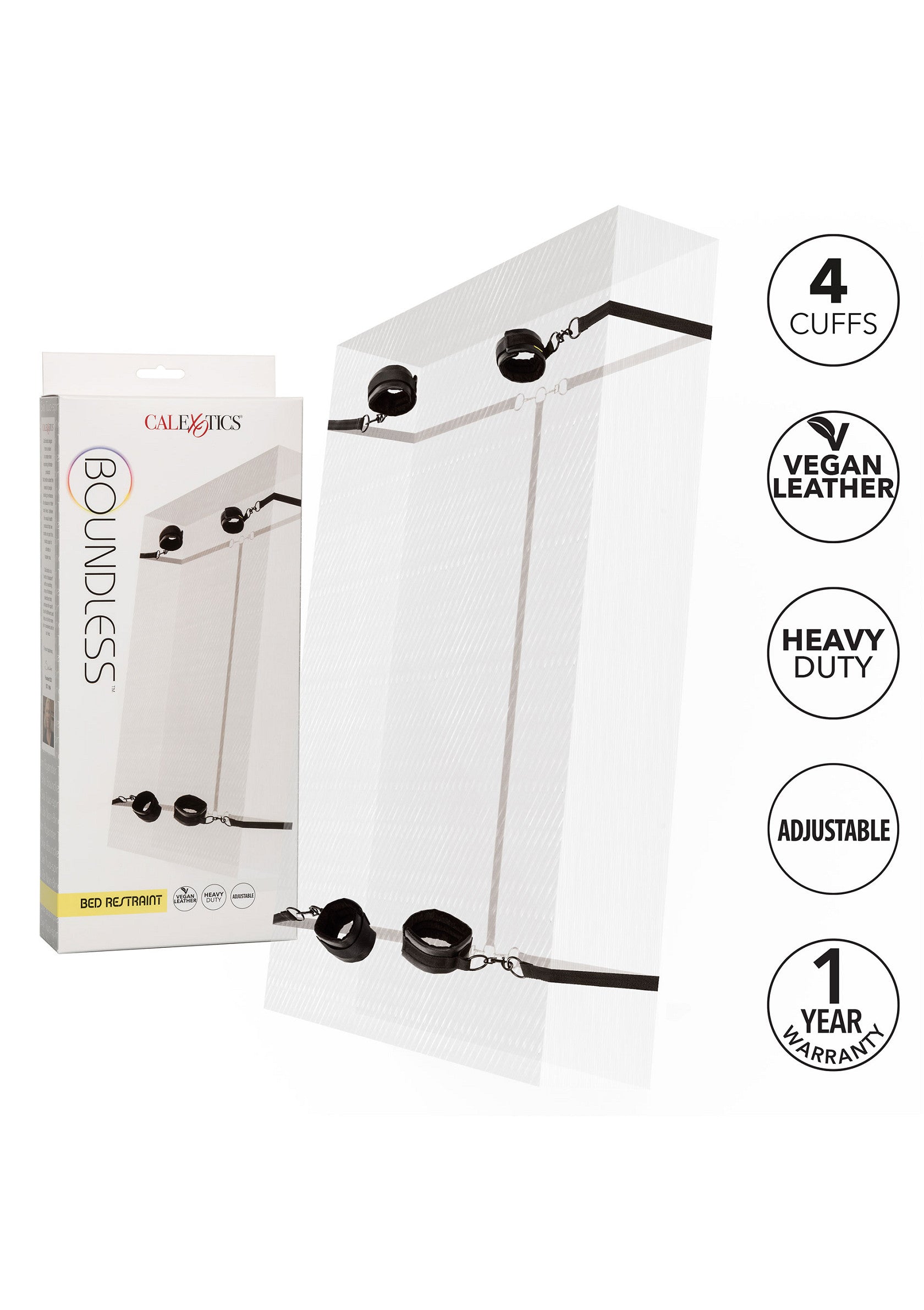 Kit de bondage pour lit Calexotics Boundless avec 4 manchettes ajustables en cuir vegan résistant.; Calexotics Boundless bed bondage kit met 4 verstelbare manchetten van duurzaam veganistisch leer.; Calexotics Boundless bed bondage kit with 4 adjustable cuffs made from durable vegan leather.