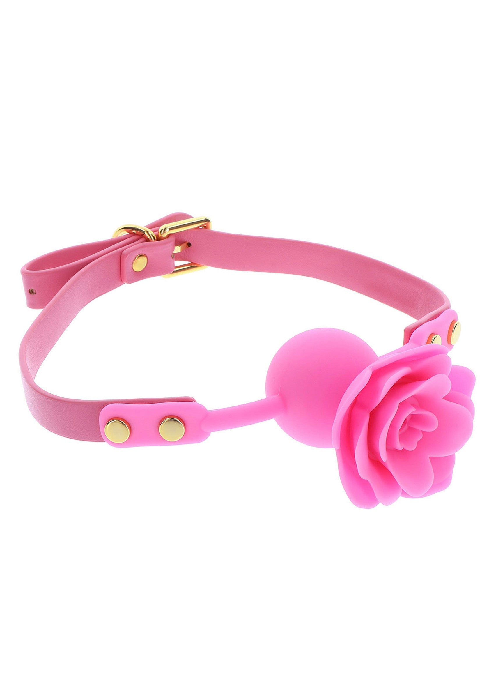 Gag rose fétiche. Accessoire de jeu coquin, rose, avec une belle fleur.; Fetisj roze gag. Speelse accessoire, roze, met een mooie roos.; Fetish pink gag. Playful accessory, pink, with a nice rose.