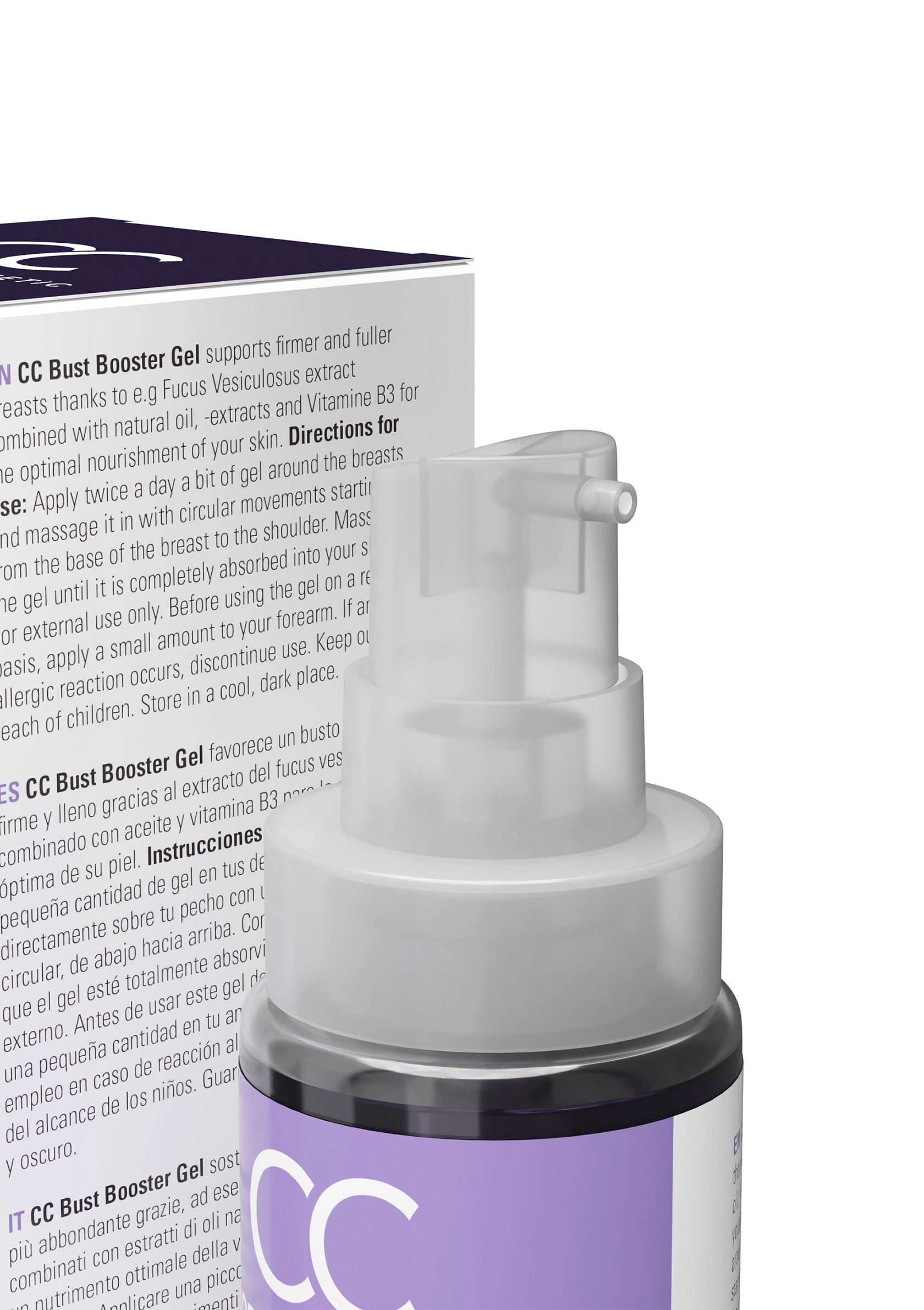 Gel buste CC Booster pour une peau plus ferme et plus pleine. Enrichi en fucus vesiculosus, huiles naturelles et vitamine B3.; CC Bust Booster Gel voor een stevigere en vollere huid. Verrijkt met fucus vesiculosus, natuurlijke oliën en vitamine B3.; CC Bust Booster Gel supports firmer and fuller skin. Enriched with fucus vesiculosus, natural oils, and vitamin B3.