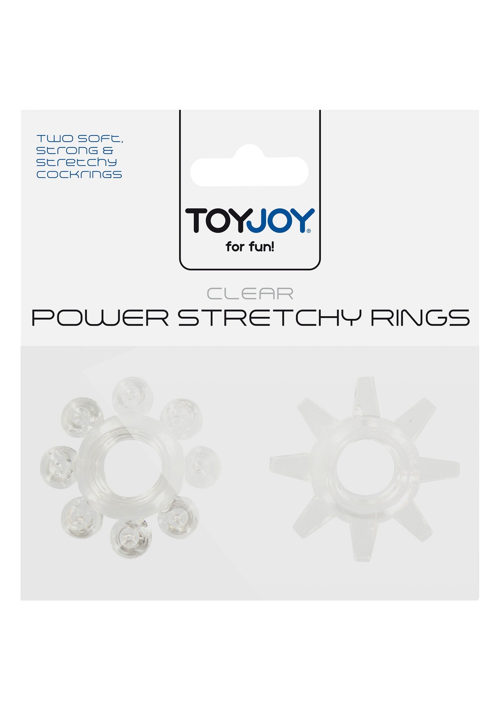Anneaux péniens ToyJoy transparents et extensibles pour plus de plaisir.; ToyJoy transparante, rekbare penisringen voor extra plezier.; ToyJoy clear power stretchy rings for enhanced pleasure.