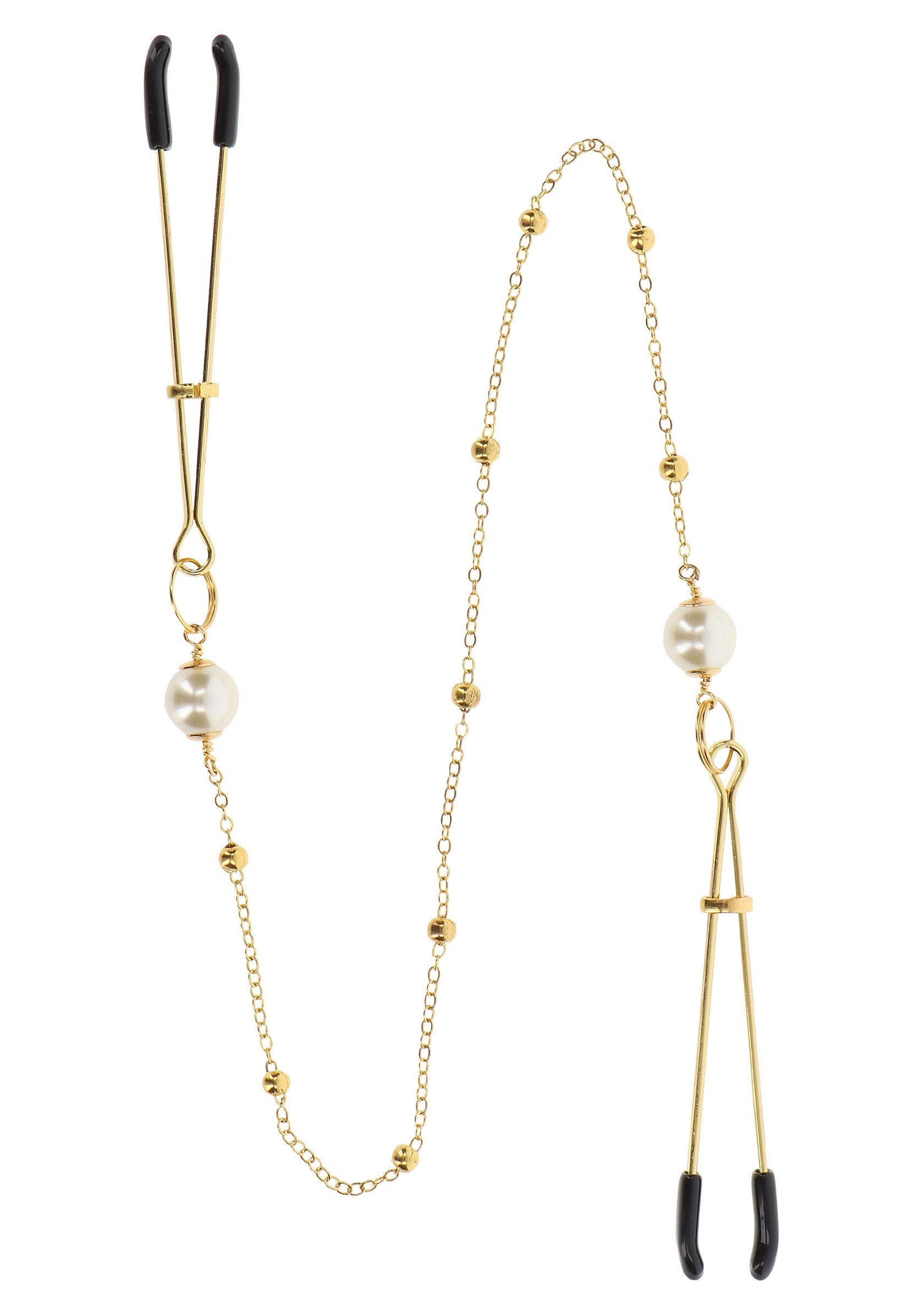 Pinces à tétons dorées ornées de perles, pour une touche d'élégance coquine. Accessoires de plaisir et bijoux de corps raffinés.; Gouden tepelklemmen versierd met parels, voor een snufje ondeugende elegantie. Plezier accessoires en verfijnde lichaamssieraden.; Gold nipple clamps with pearl accents, for a touch of naughty elegance. Pleasure accessories and refined body jewelry.