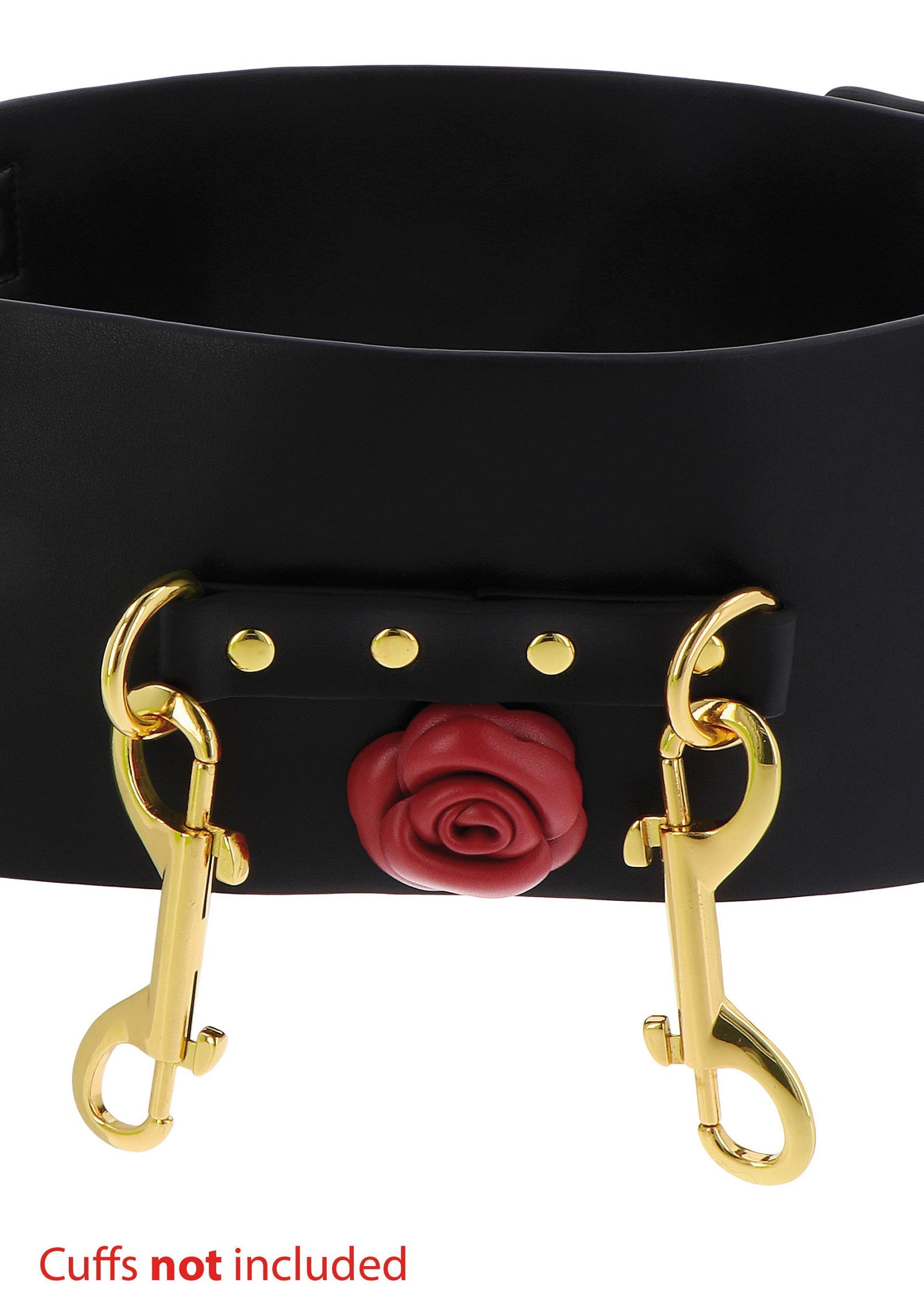 Collier noir élégant avec des détails dorés et une rose rouge. Accessoire de mode audacieux et raffiné. Manchette non incluse.; Elegante zwarte halsband met gouden details en een rode roos. Een gedurfde en verfijnde modeaccessoire. Manchet niet inbegrepen.; Elegant black collar with gold details and a red rose. A bold and refined fashion accessory. Cuffs not included.