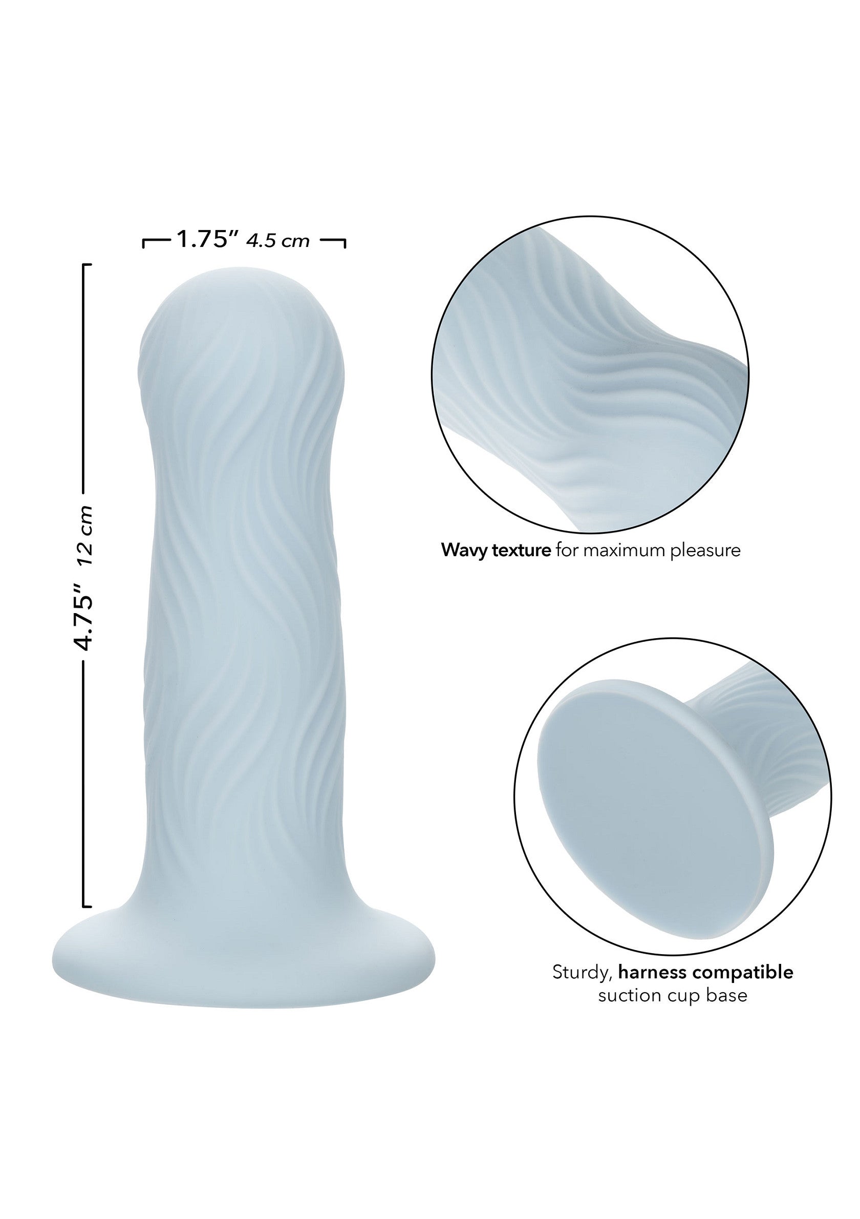 Gode bleu clair texturé avec ventouse pour le plaisir, compatible avec harnais.; Lichtblauwe dildo met textuur en zuignap voor plezier, compatibel met harnas.; Light blue textured dildo with suction cup for pleasure, harness compatible.
