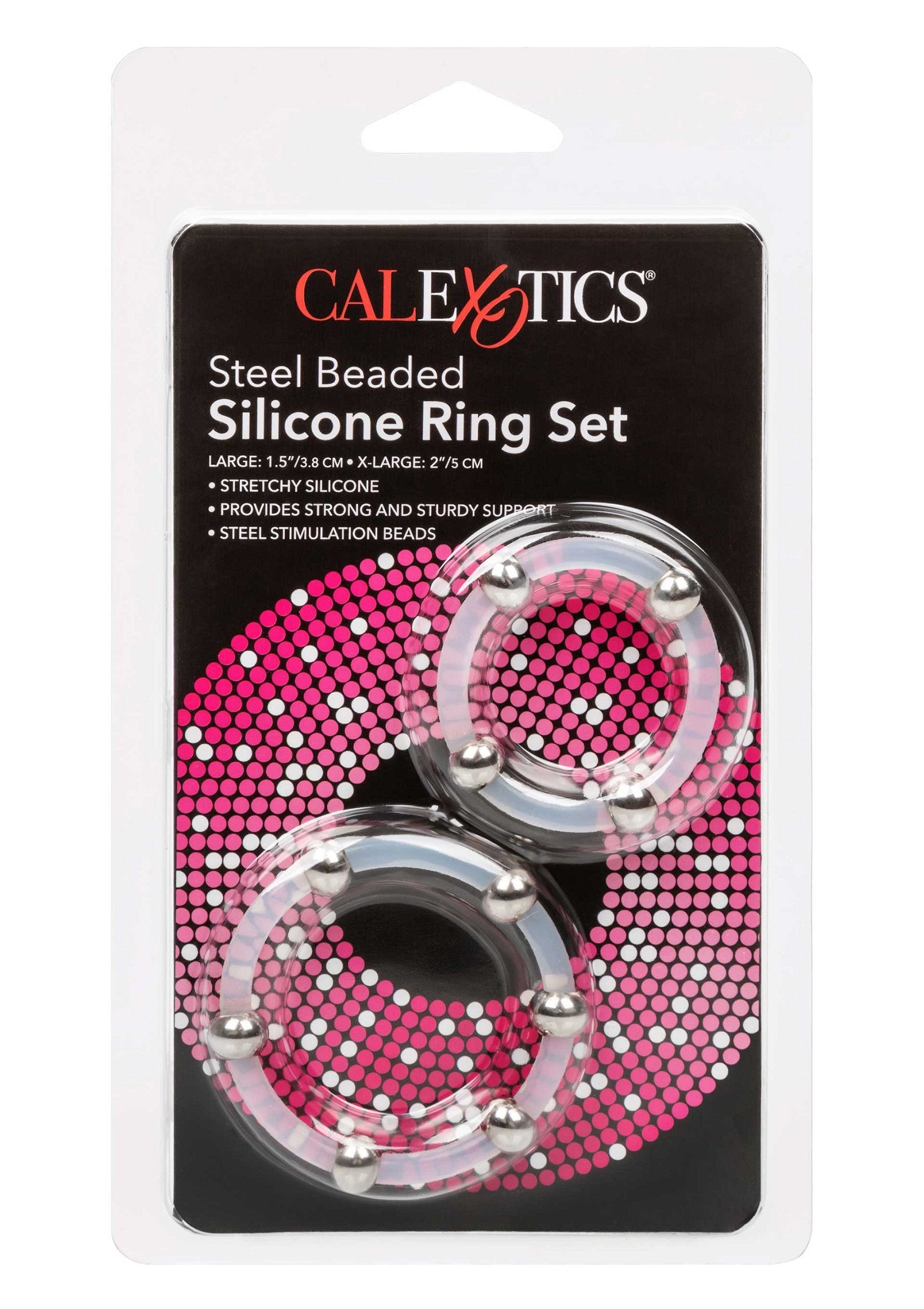 Anneaux péniens CalExotics en silicone avec billes en acier. Pour plus de plaisir et de sensations fortes!; CalExotics penisringen van siliconen met stalen balletjes. Voor meer plezier en intense sensaties!; CalExotics silicone cock rings with steel beads. For enhanced pleasure and intense sensations!